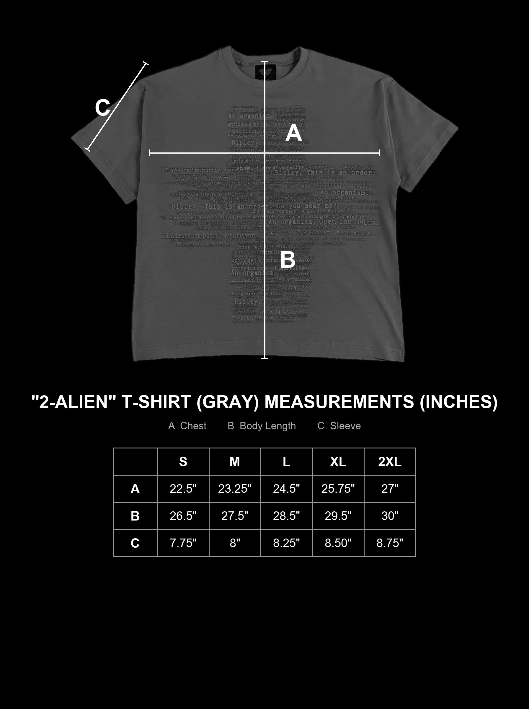 2-Alien T-Shirt Gray size chart