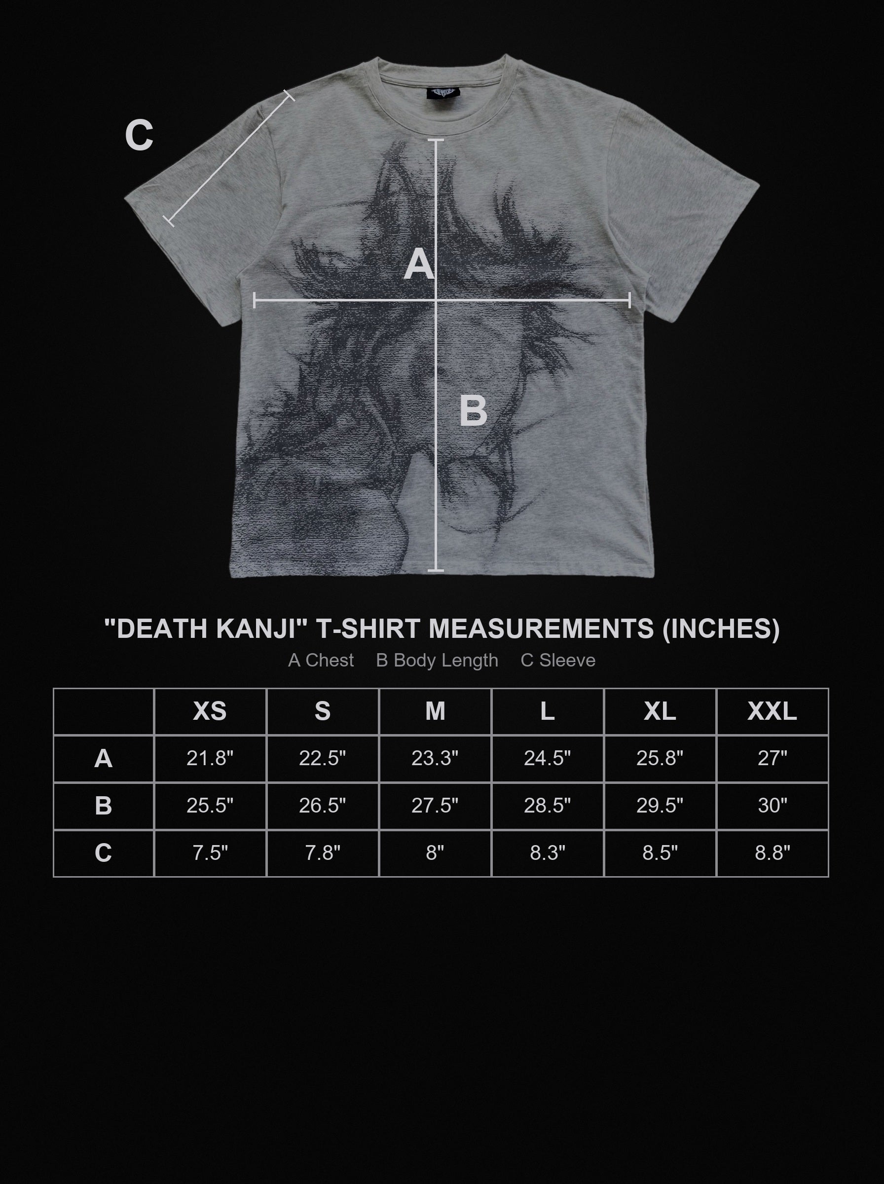 death-kanji-t-shirt size chart
