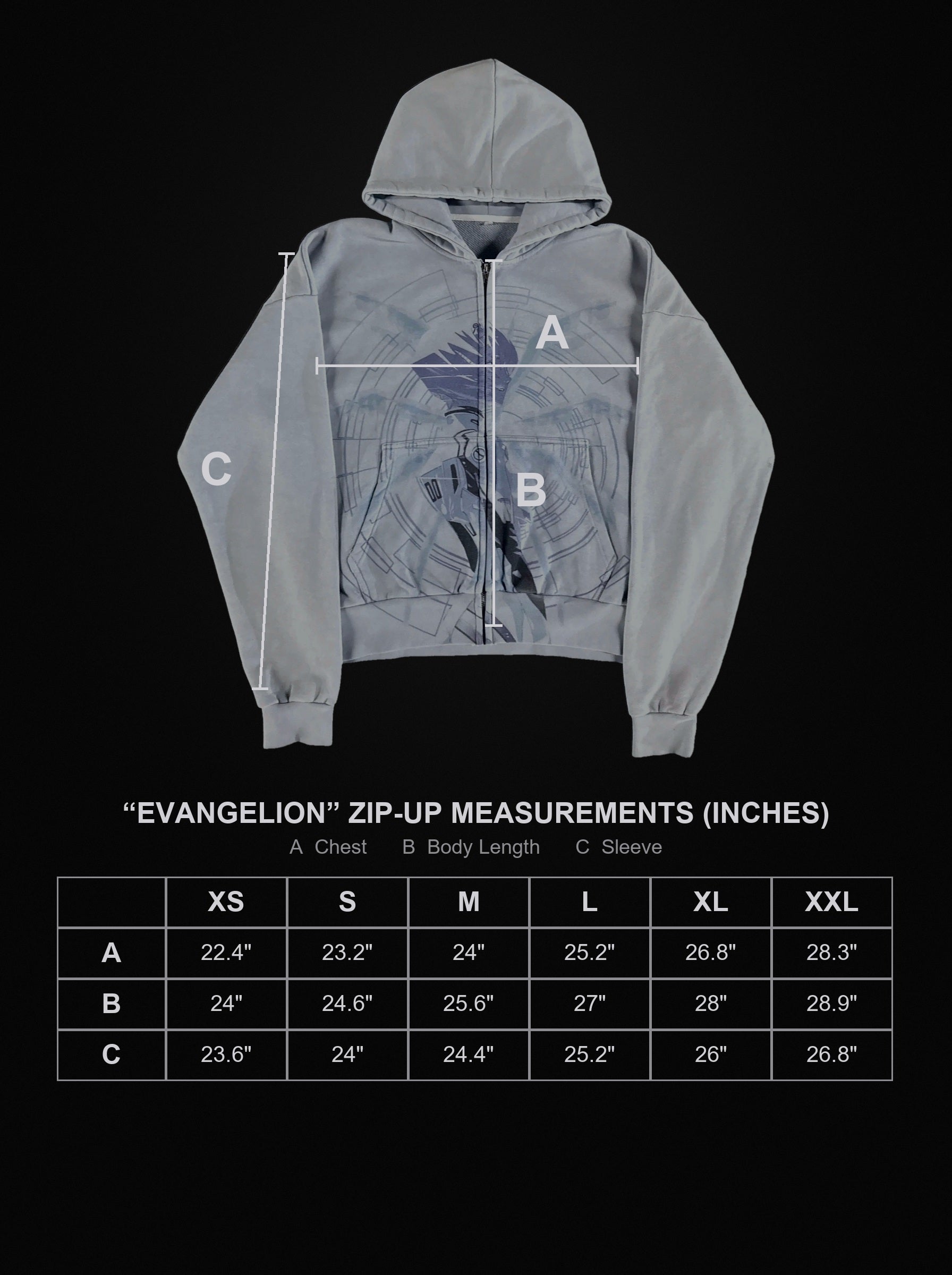 evangelion-zip-up size chart