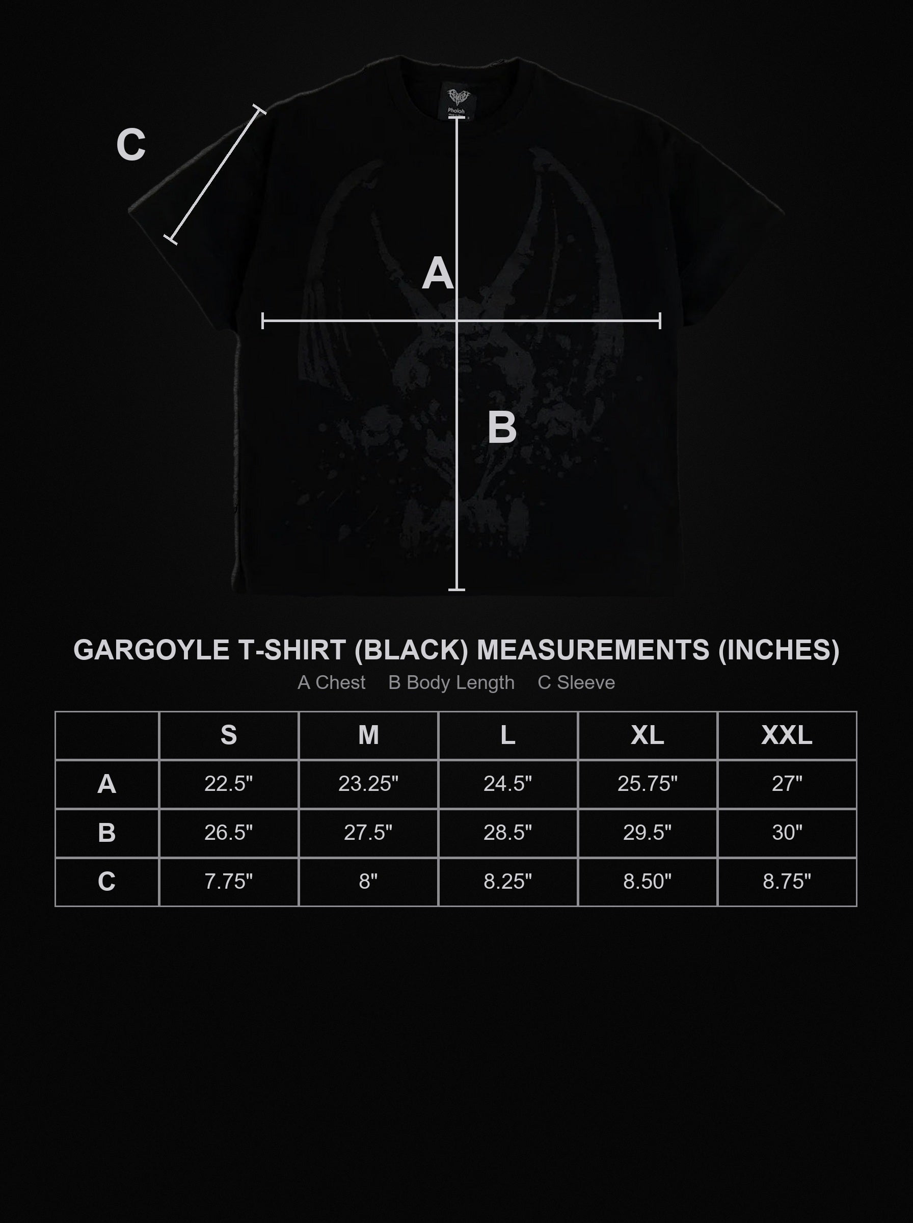 gargoyle-t-shirt-black size chart