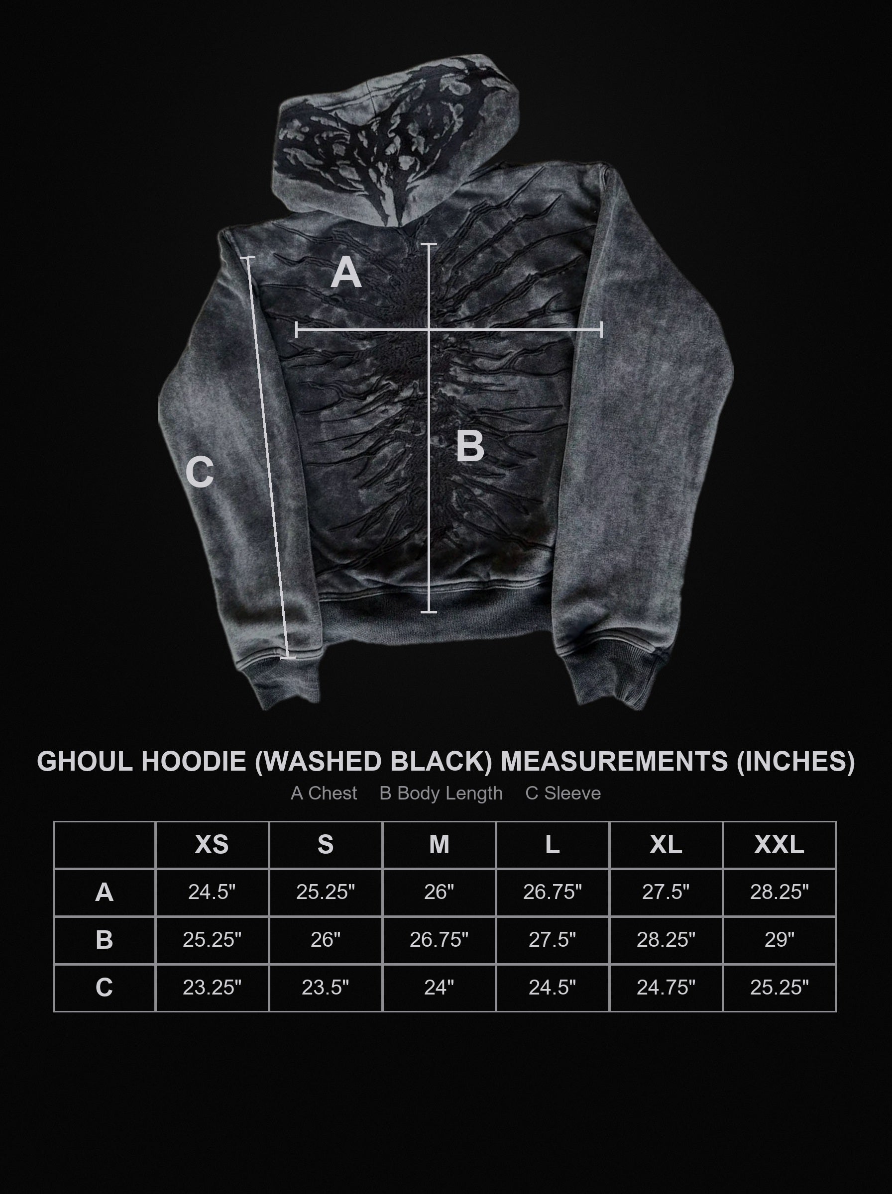 ghoul-hoodie-washed-black size chart