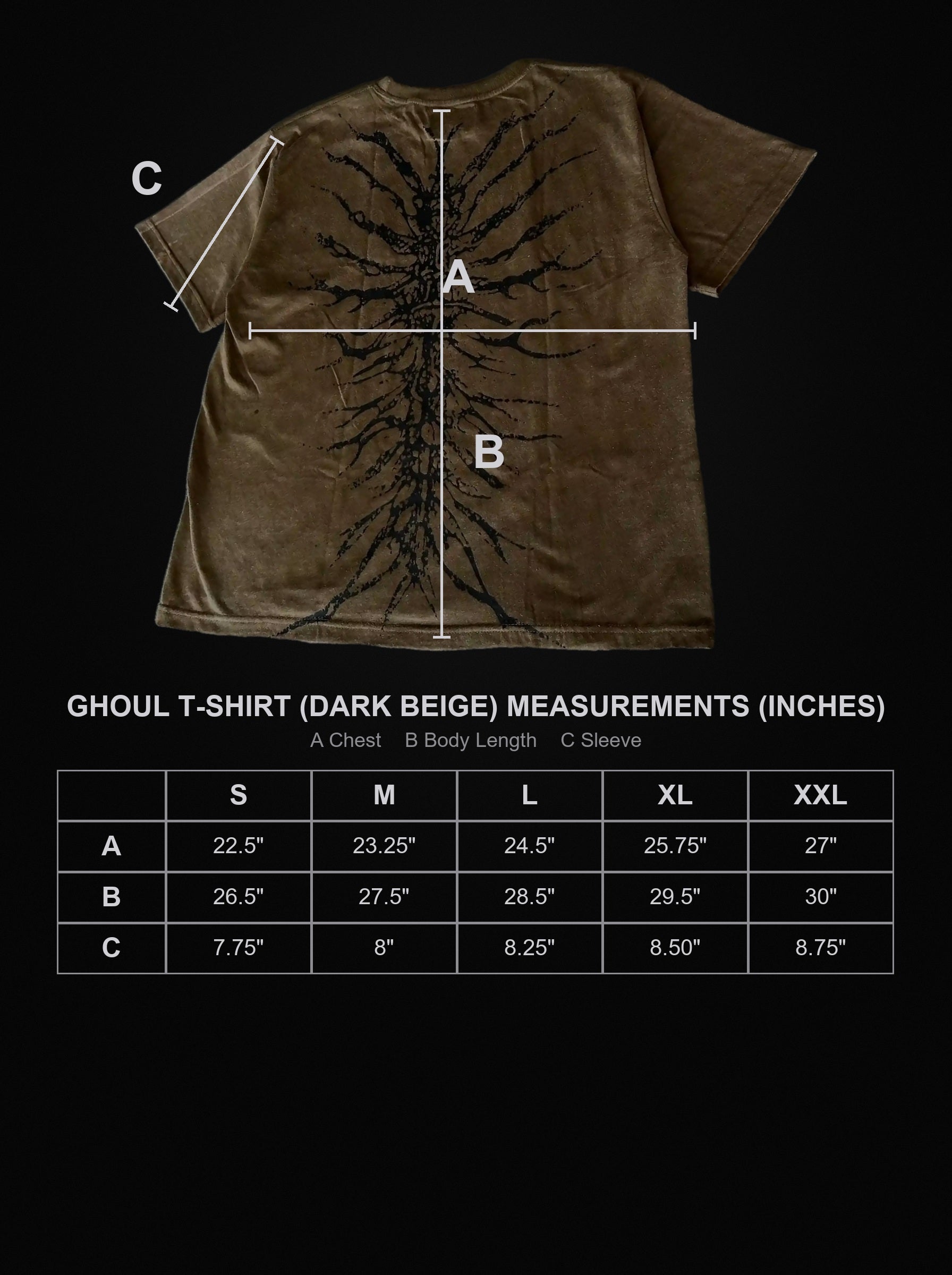 ghoul-t-shirt-beige size chart