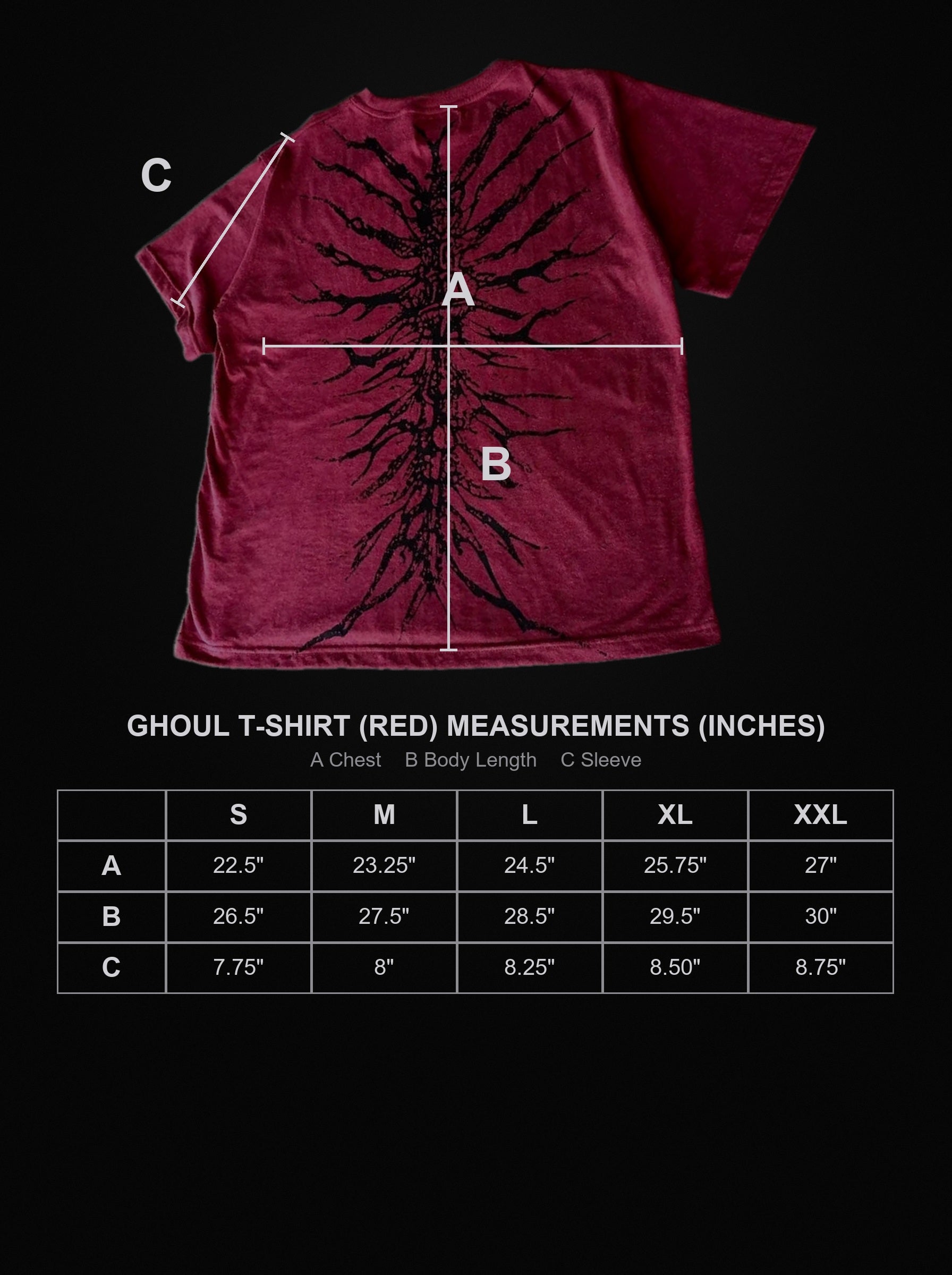 ghoul-t-shirt-red size chart