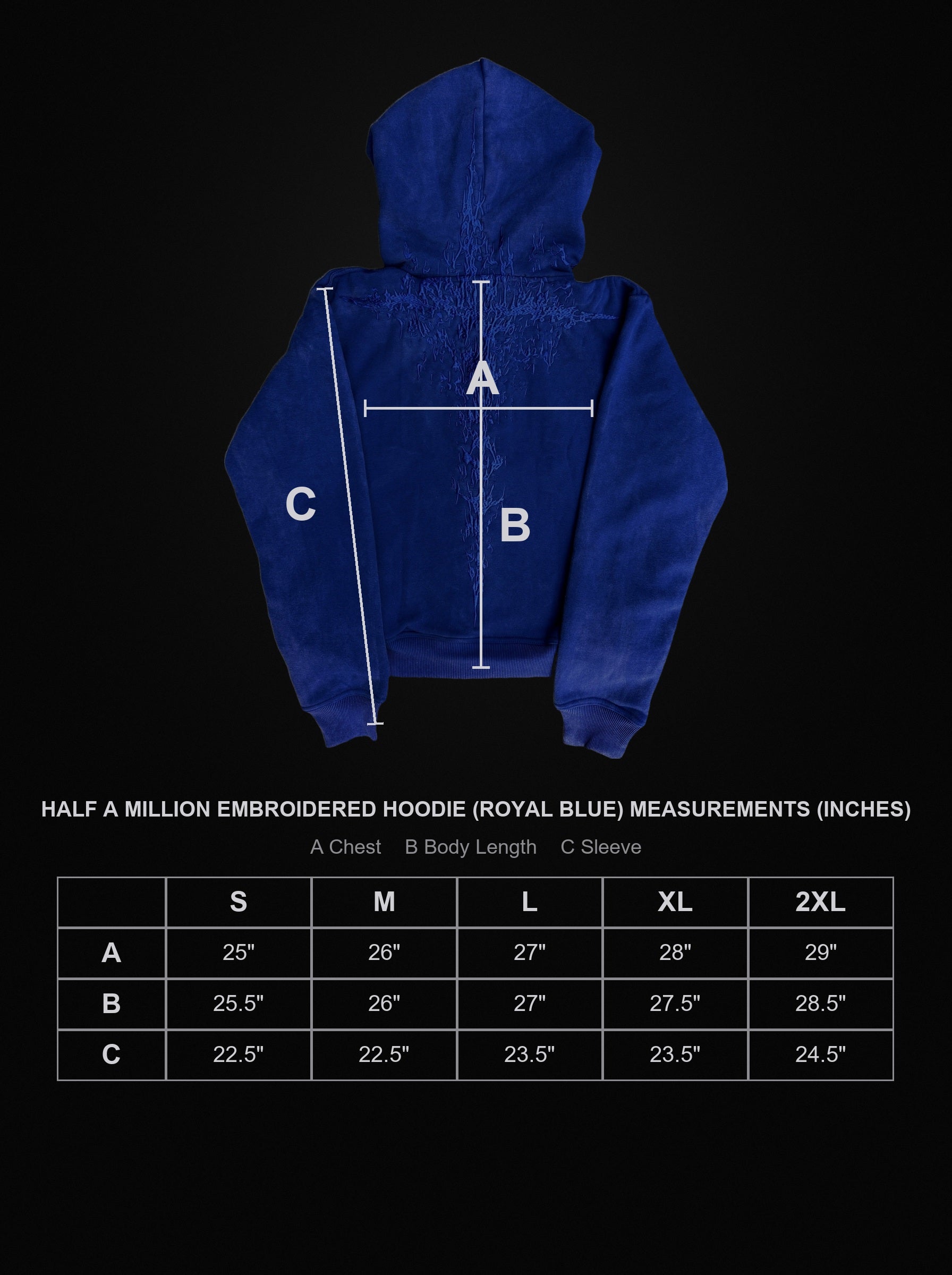 half-a-million-embroidered-hoodie-royal-blue size chart