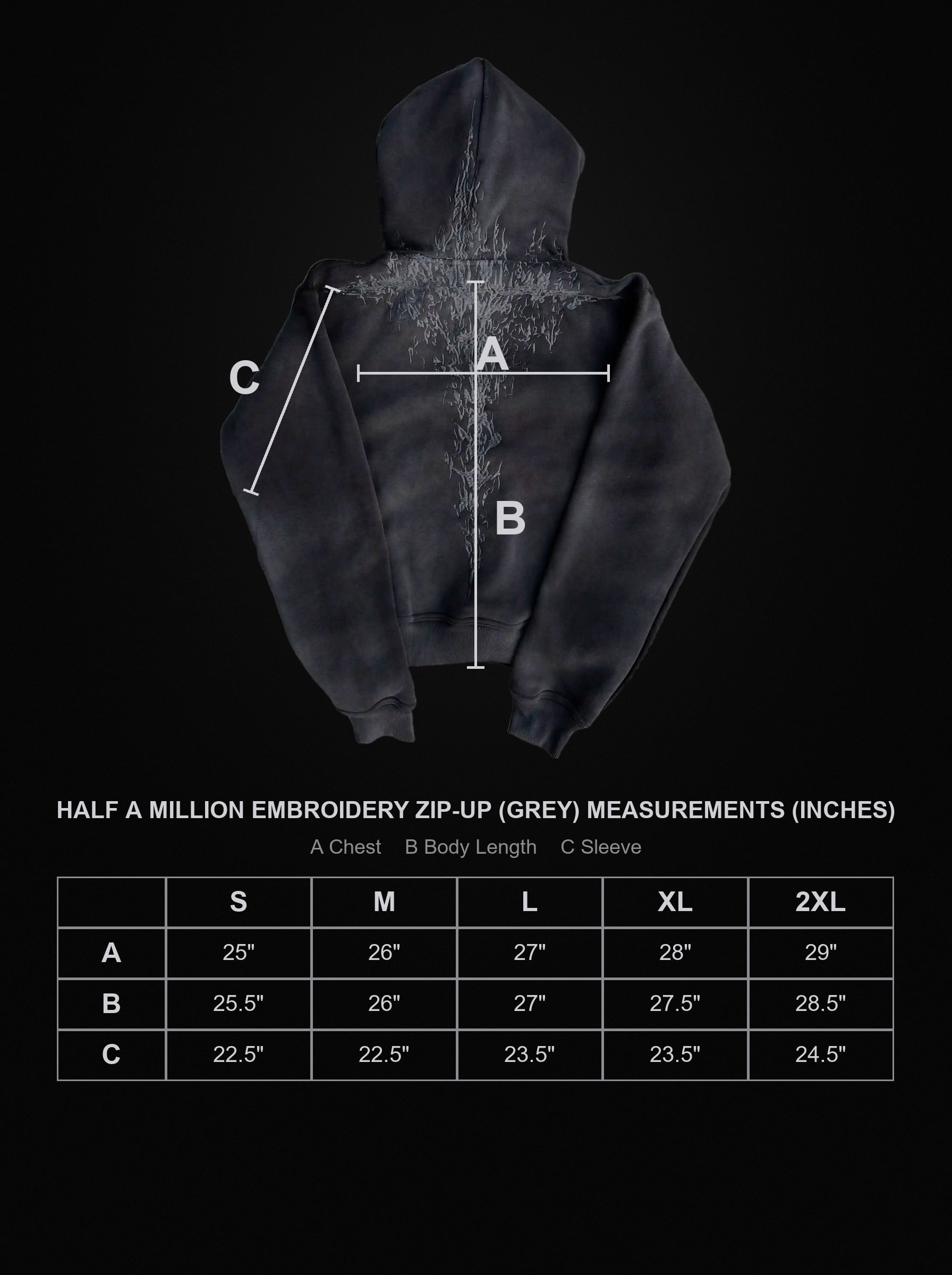 half-a-million-embroidery-zip-up-grey size chart