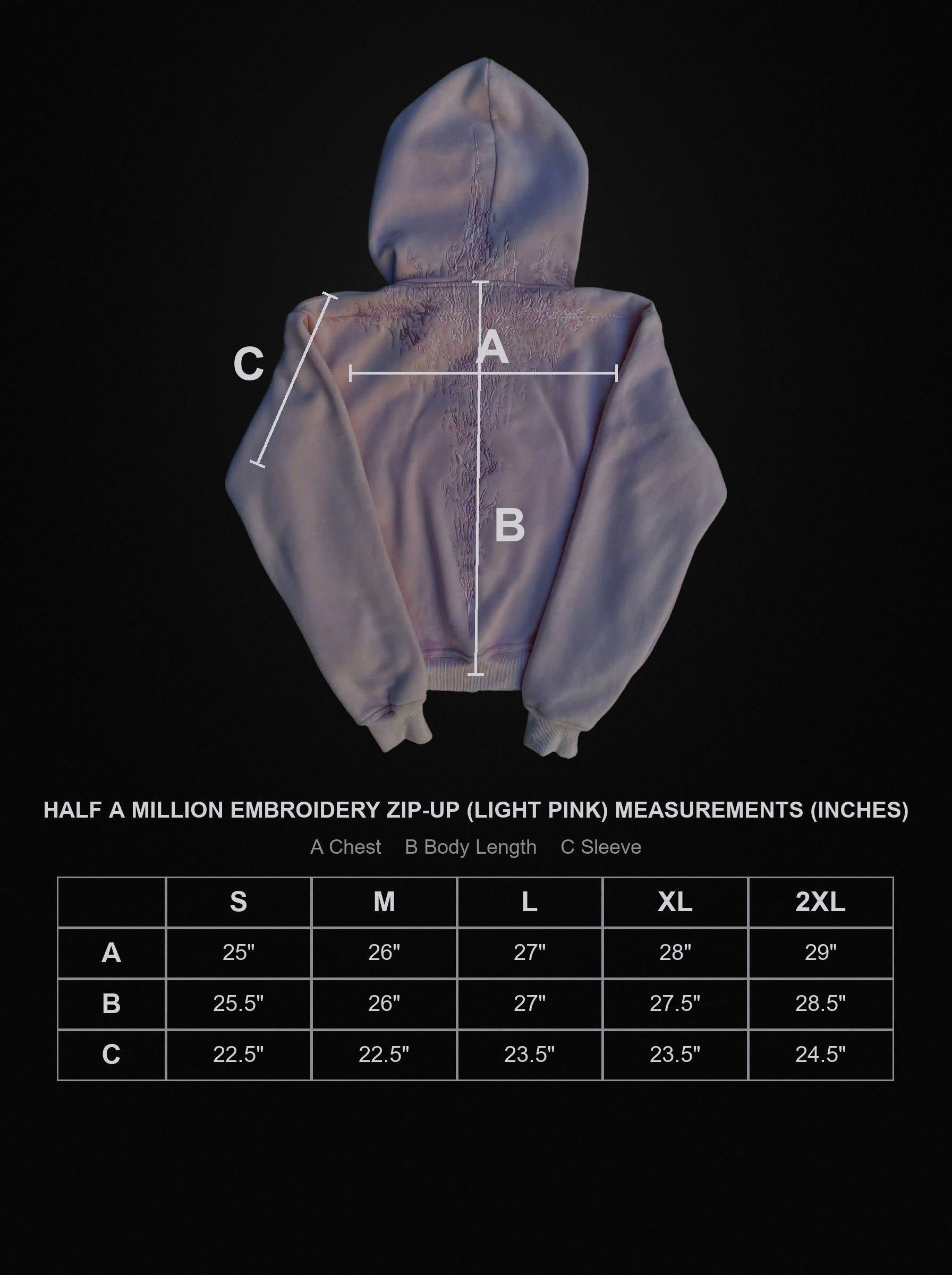 half-a-million-embroidery-zip-up-light-pink size chart