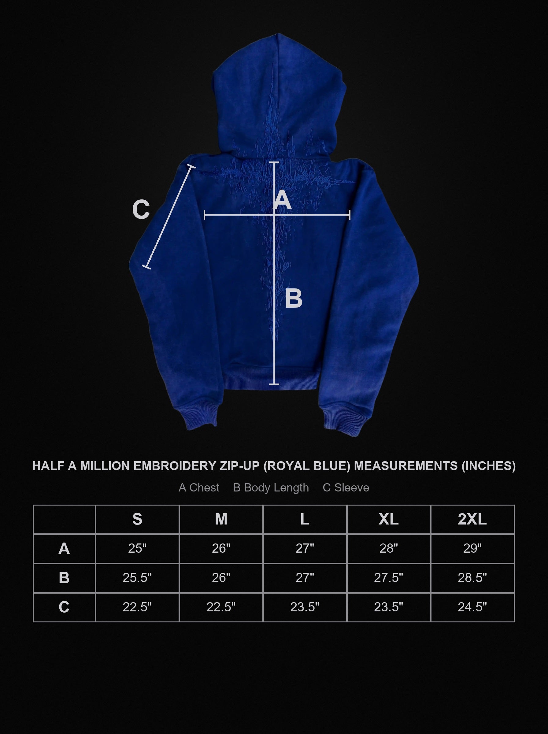 half-a-million-embroidery-zip-up-royal-blue size chart