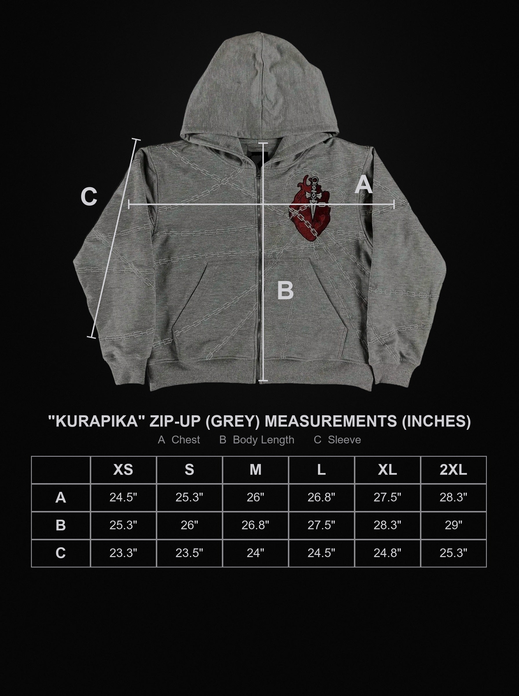 kurapika-zip-up-grey size chart