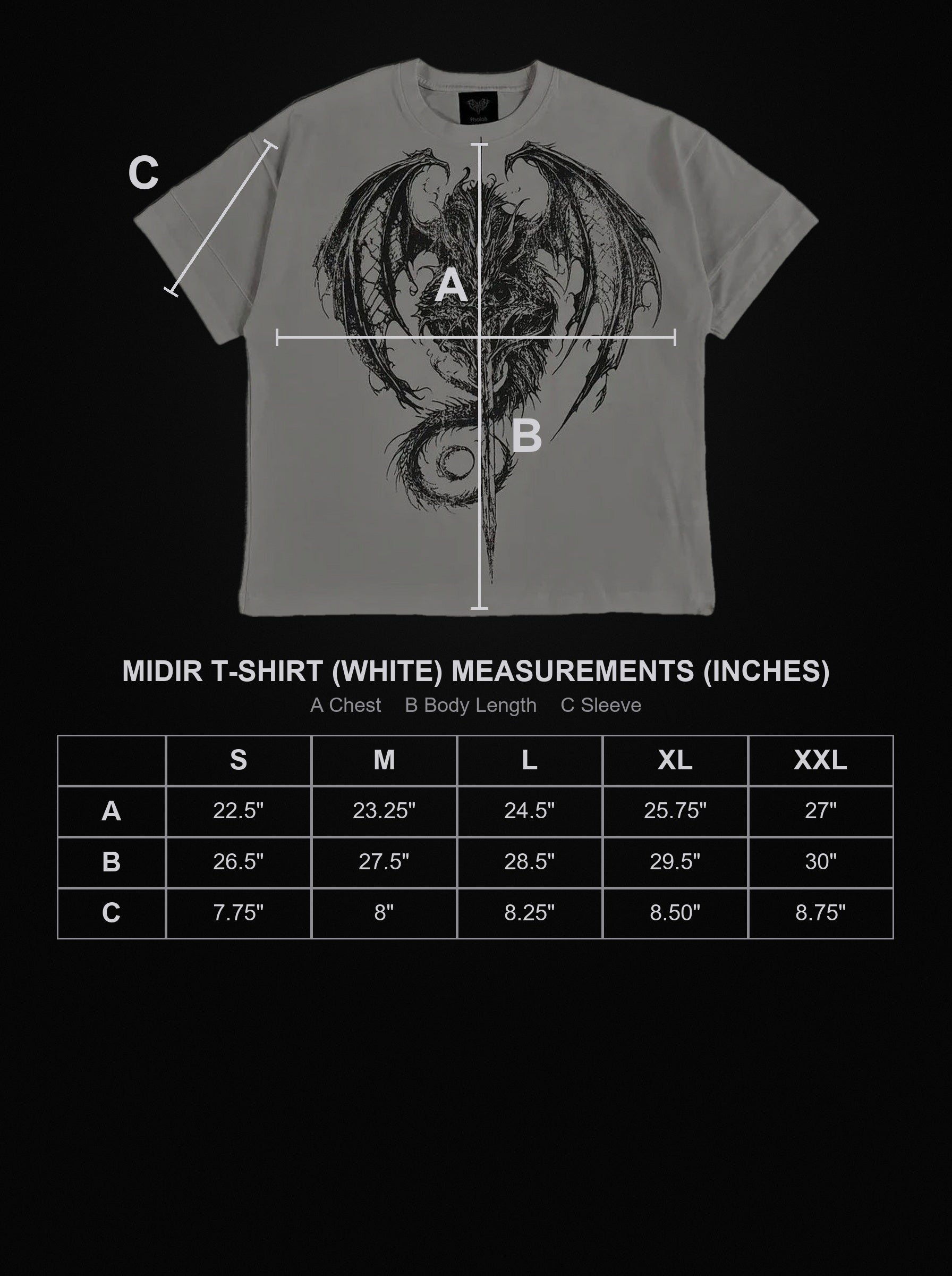 midir-t-shirt-white size chart