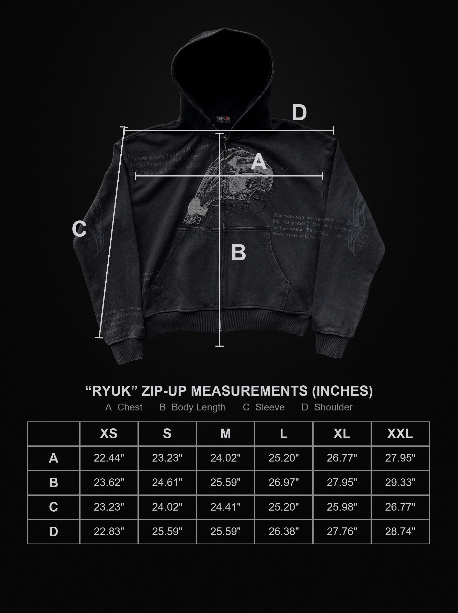 ryuk-zip-up size chart