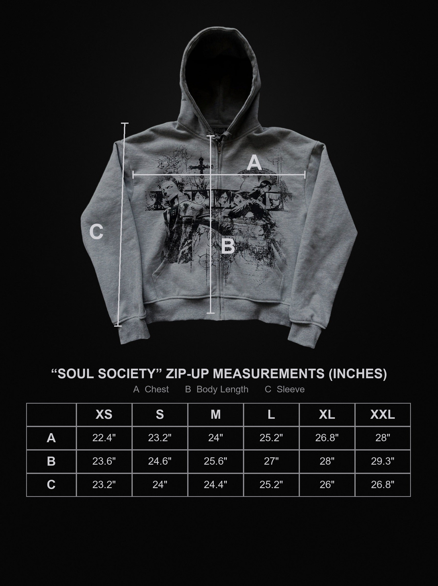 soul-society-zip-up size chart