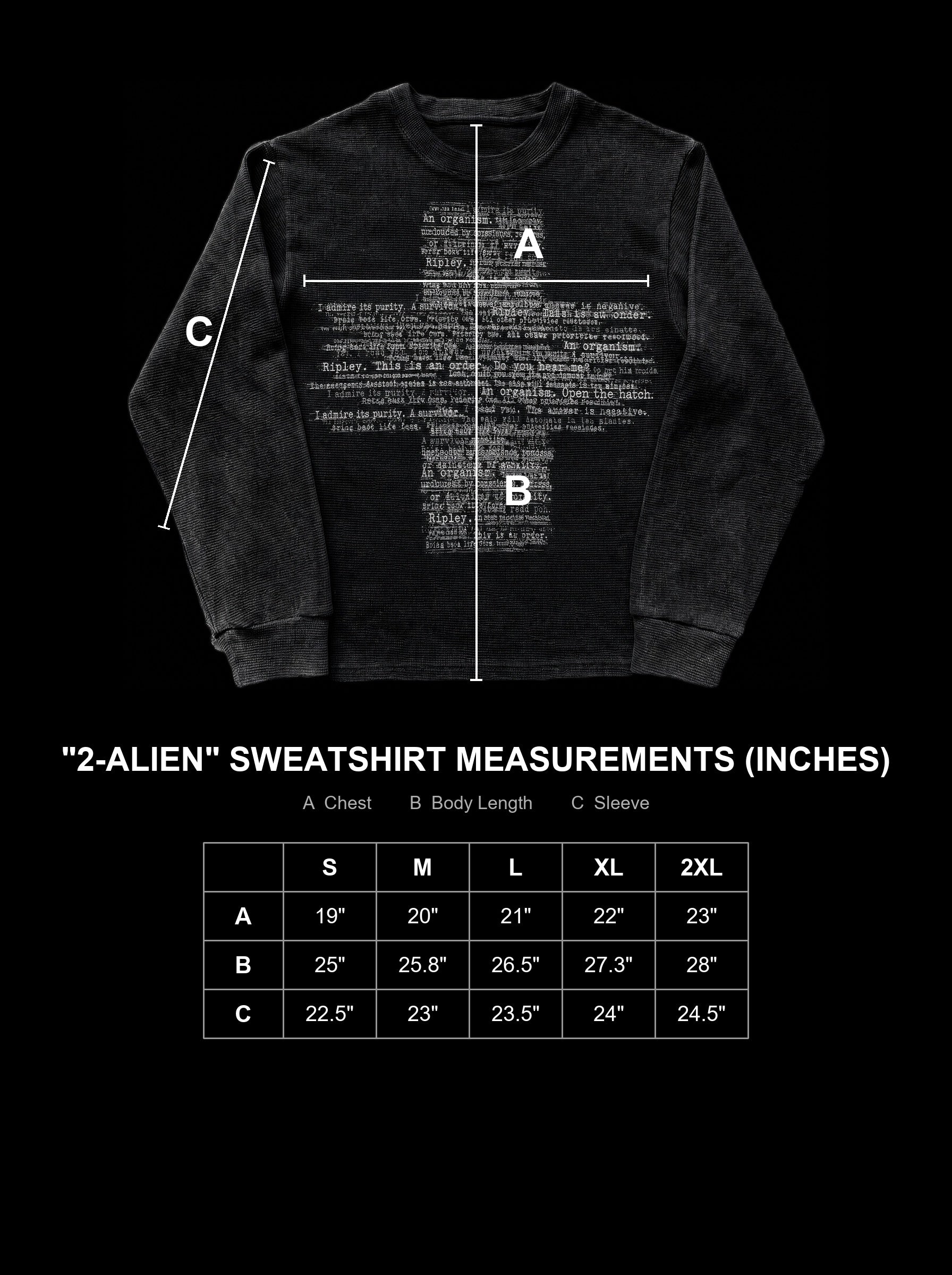 2-Alien Sweatshirt size chart