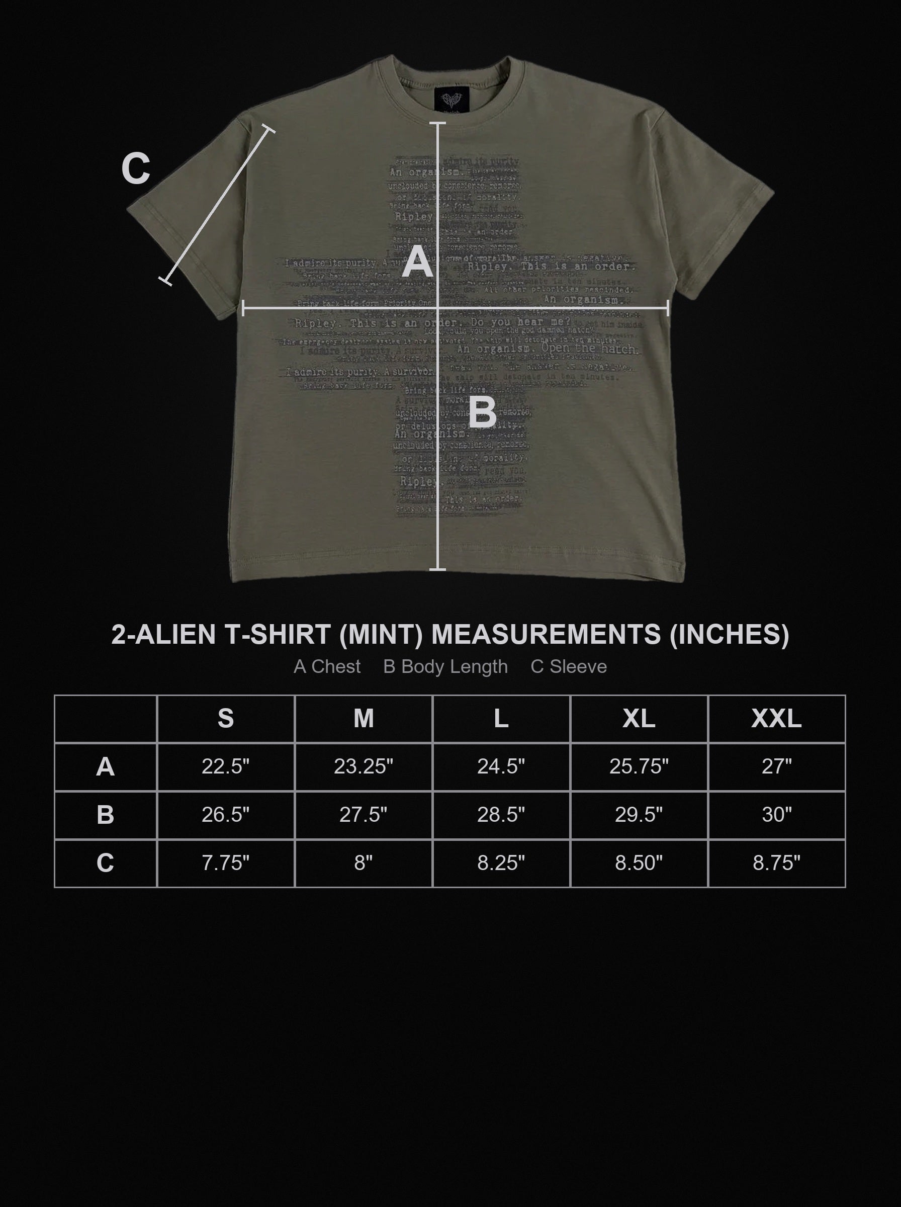 2-alien-t-shirt-mint size chart
