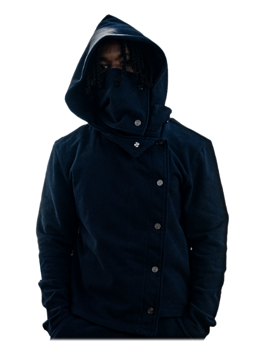 Ao Jacket (Navy), hood up, on model