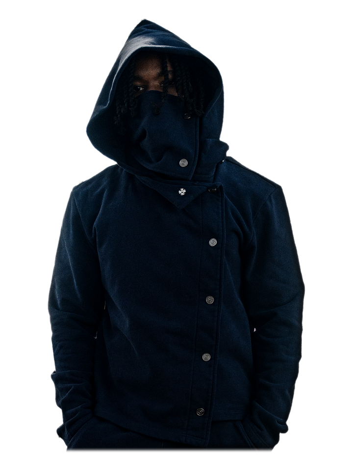 Ao Jacket (Navy), hood up, on model