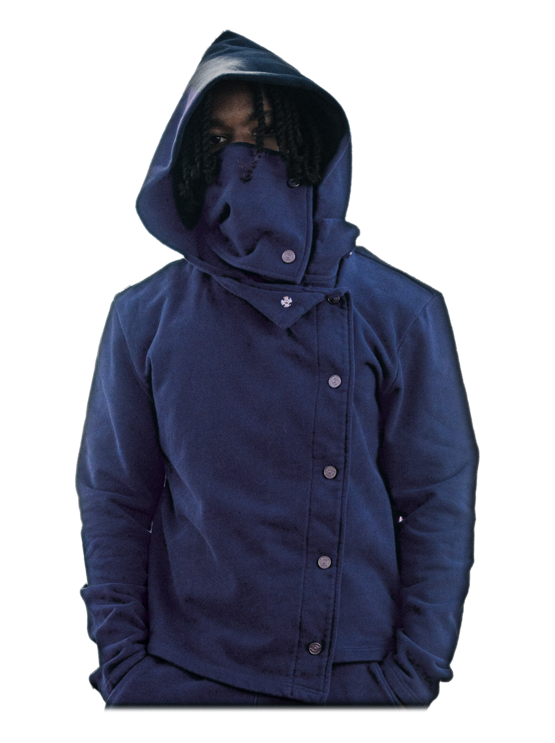 Ao Jacket (Navy), hood up, on model