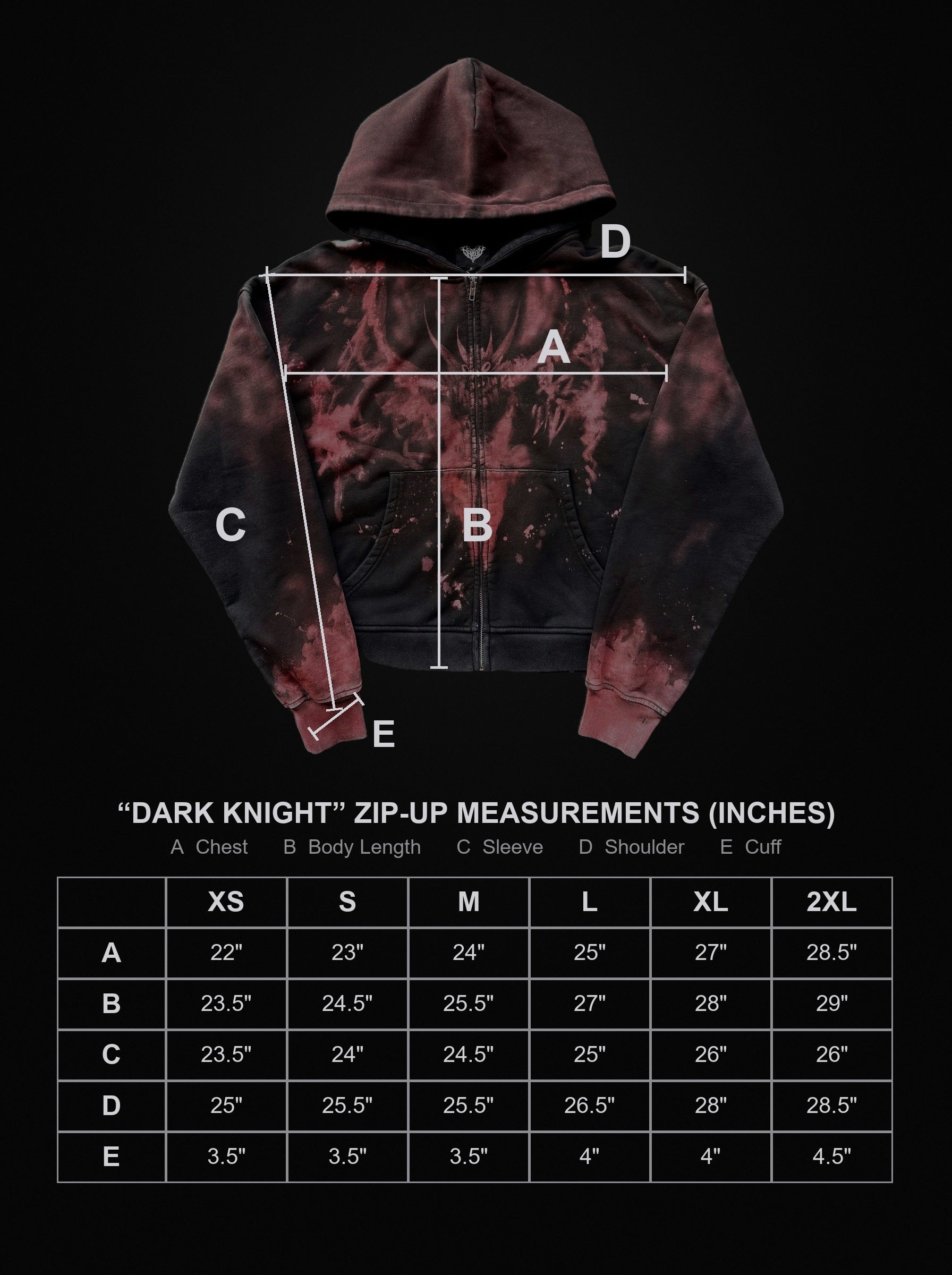 dark-knight-zip-up size chart