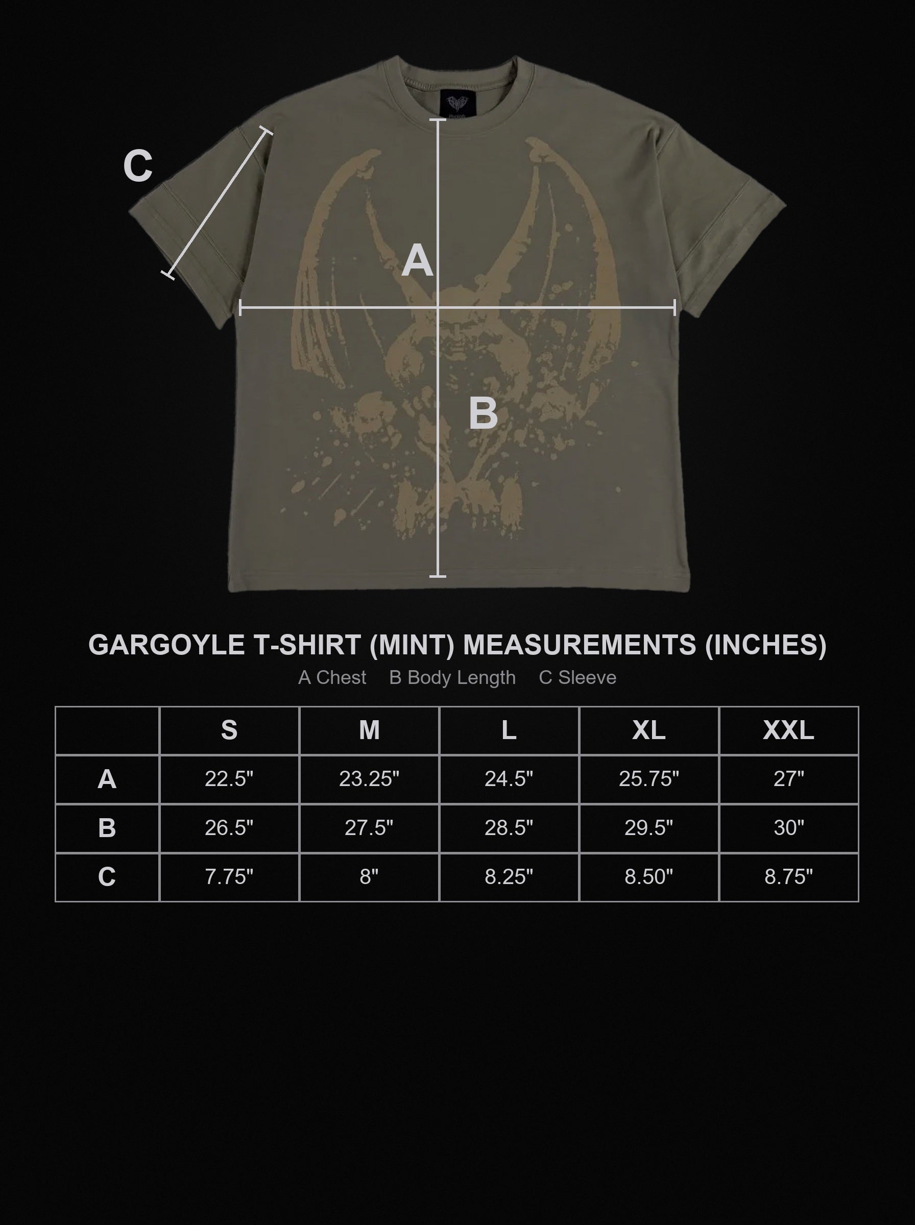 gargoyle-t-shirt-mint size chart