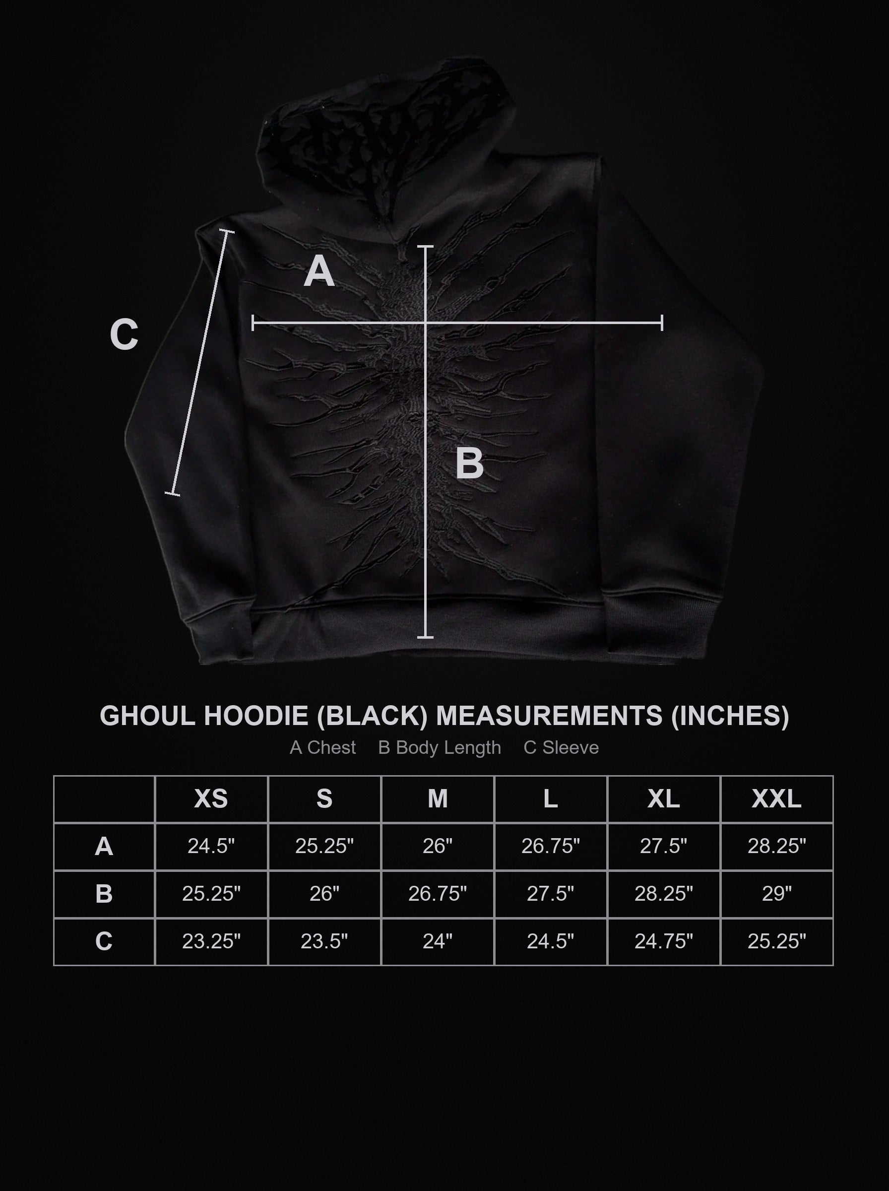 ghoul-hoodie-black size chart