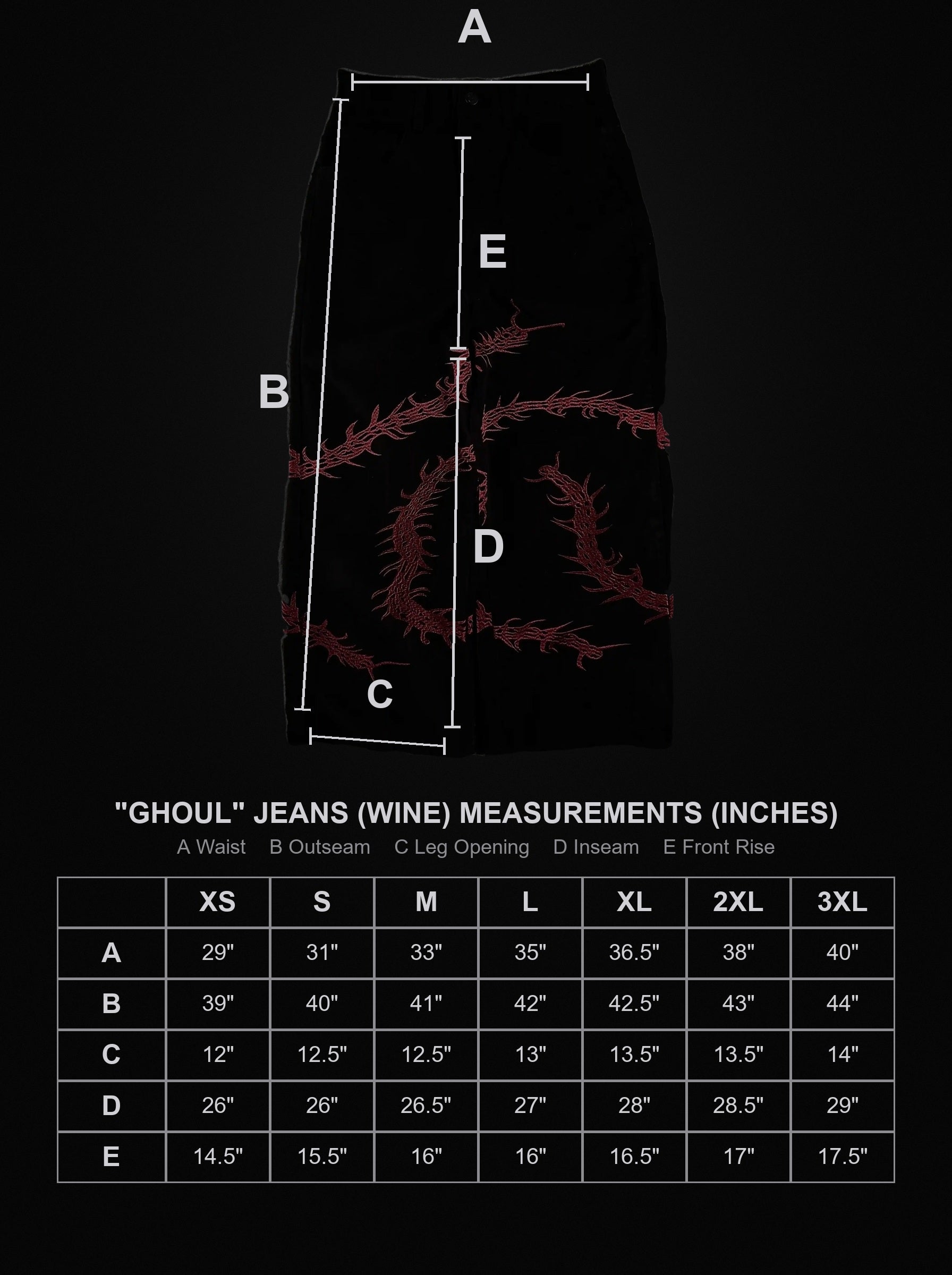 ghoul-jeans-black size chart