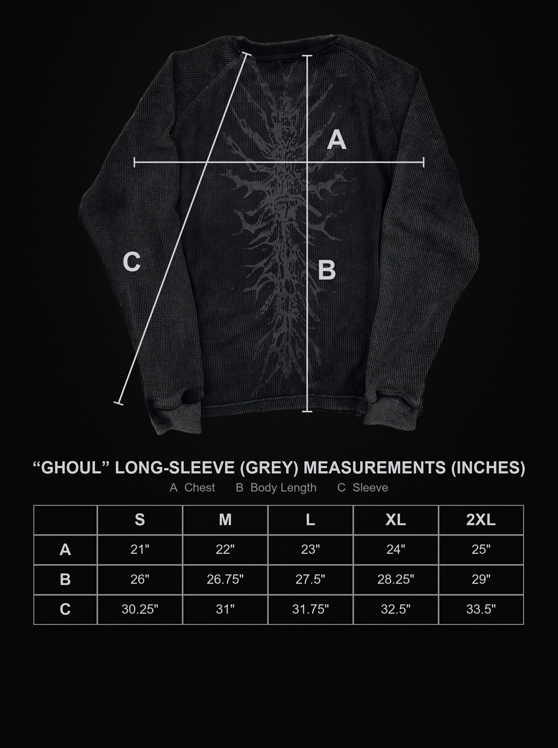 ghoul-long-sleeve-grey size chart