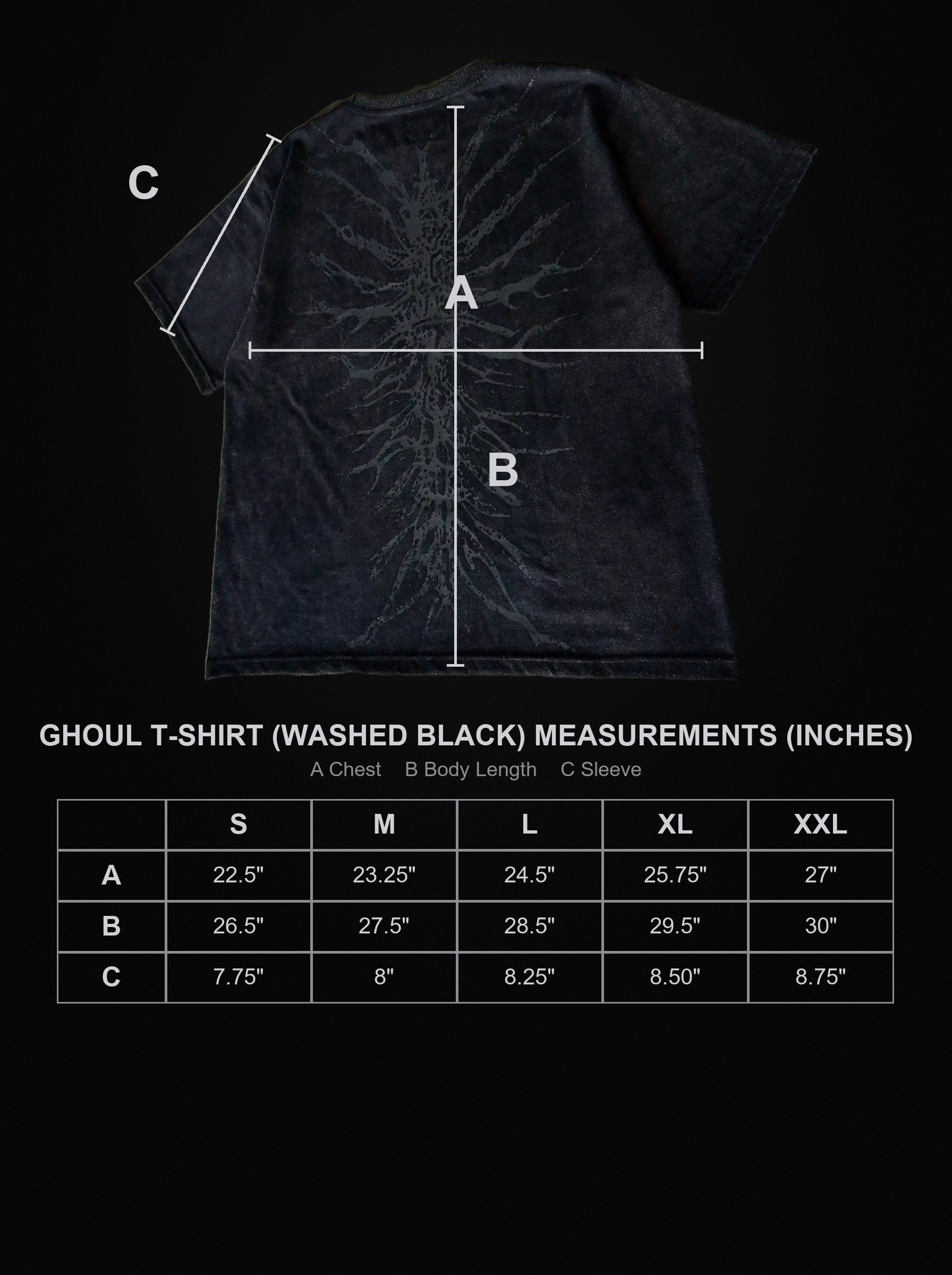 ghoul-t-shirt-black size chart