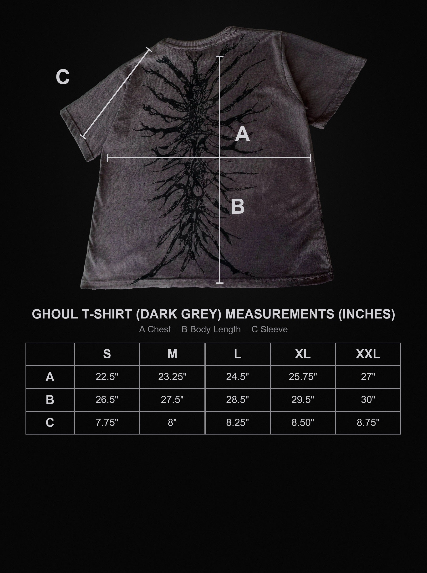 ghoul-t-shirt-dark-grey size chart