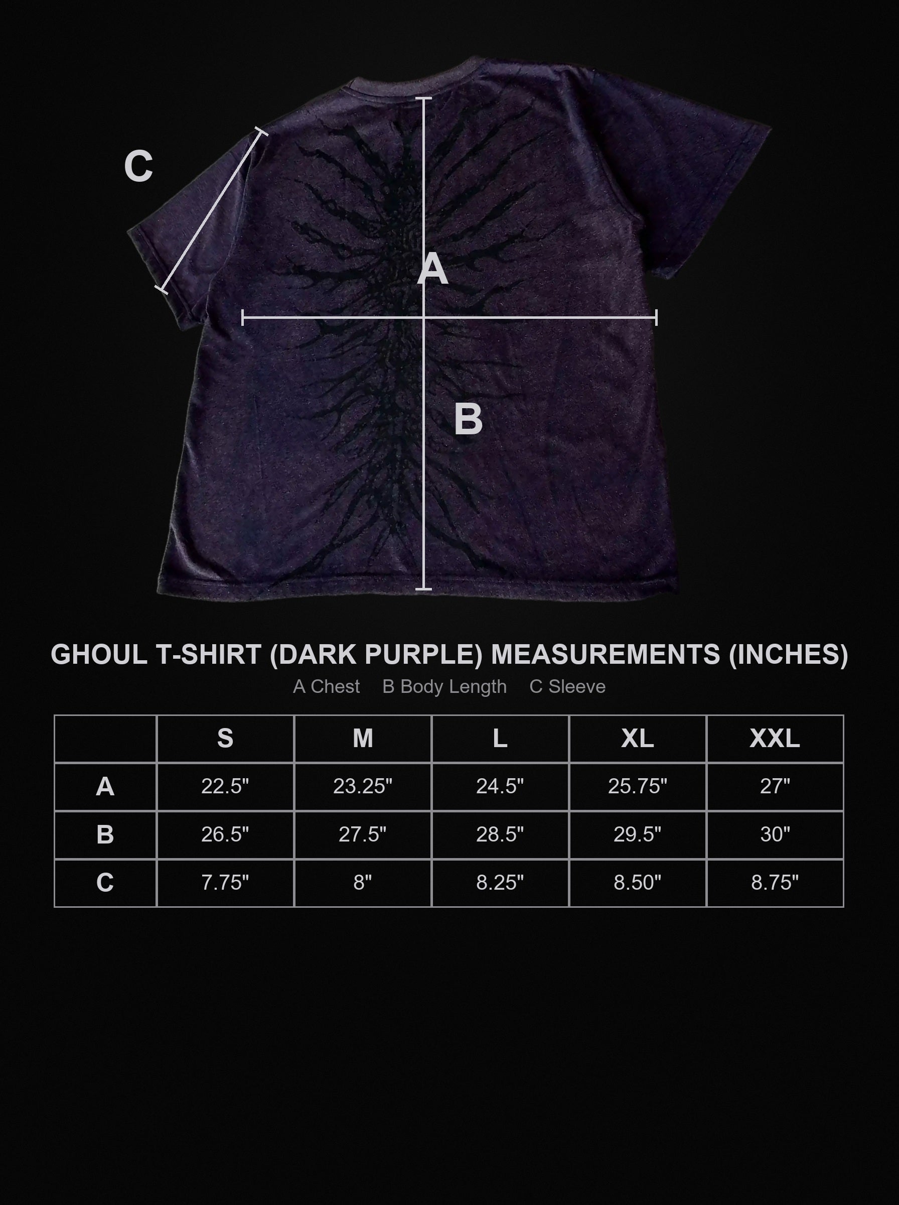 ghoul-t-shirt-dark-purple size chart