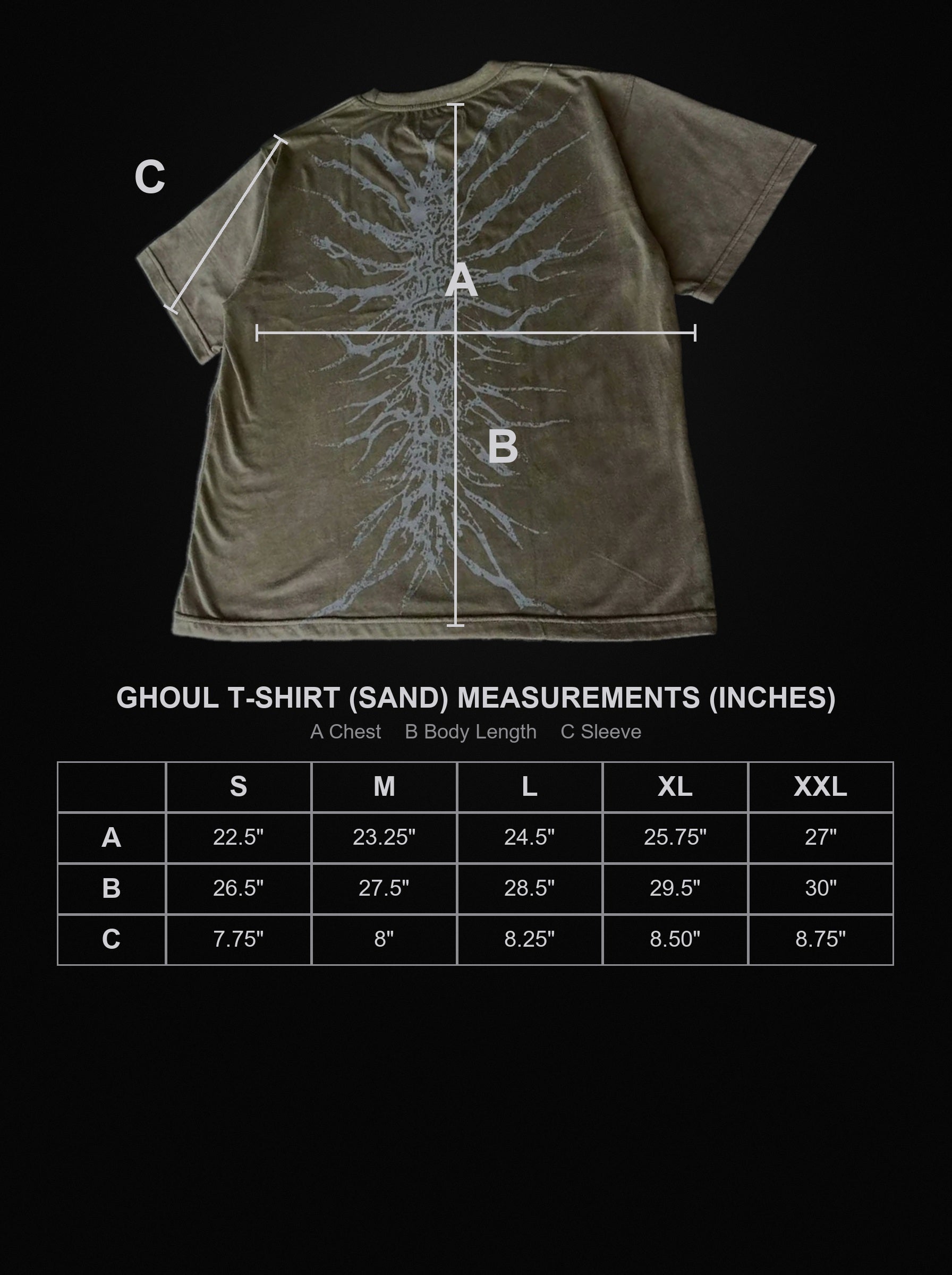 ghoul-t-shirt-sand size chart