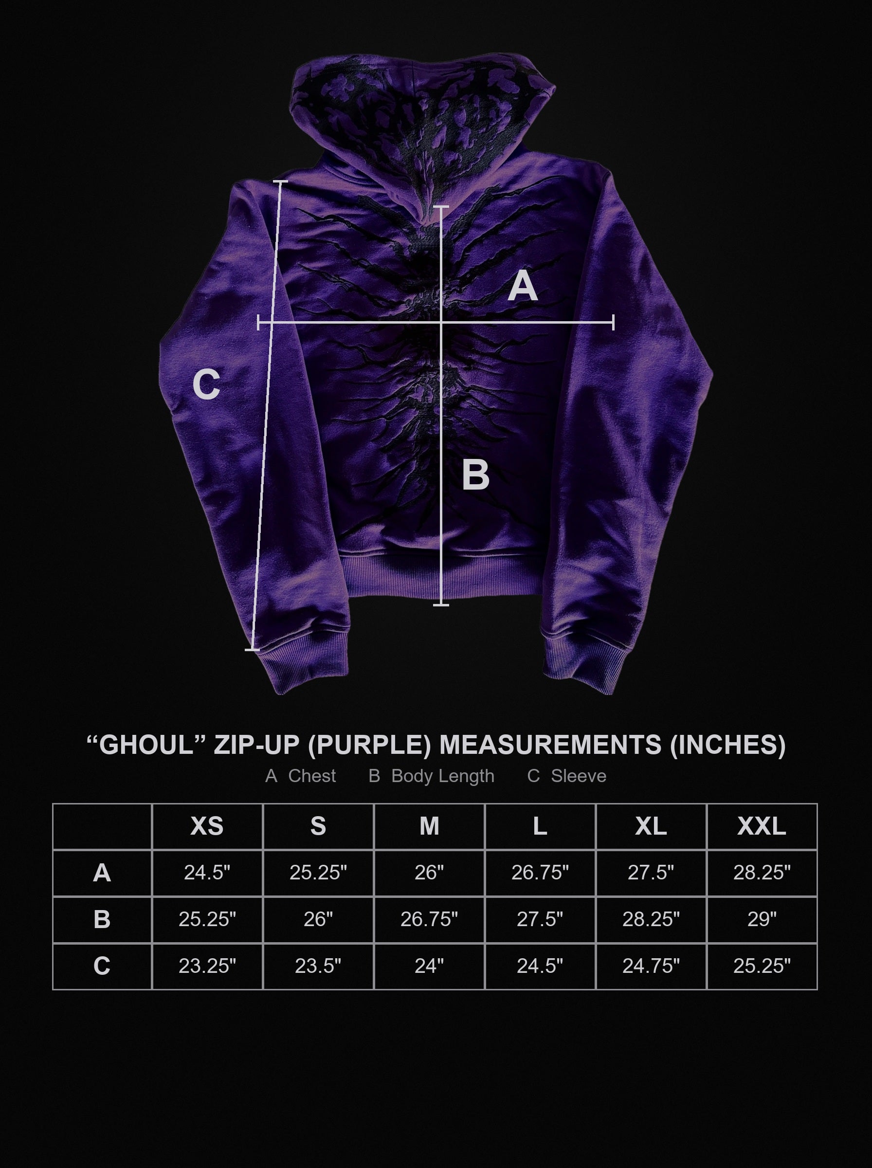 ghoul-zip-up-purple size chart