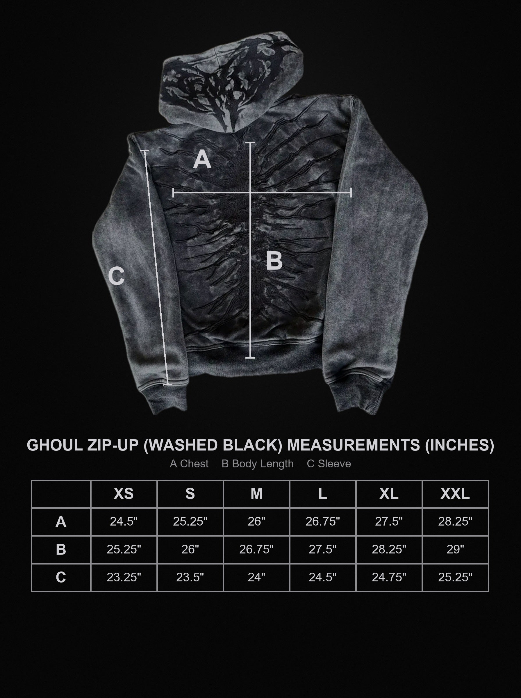 ghoul-zip-up-washed-black size chart