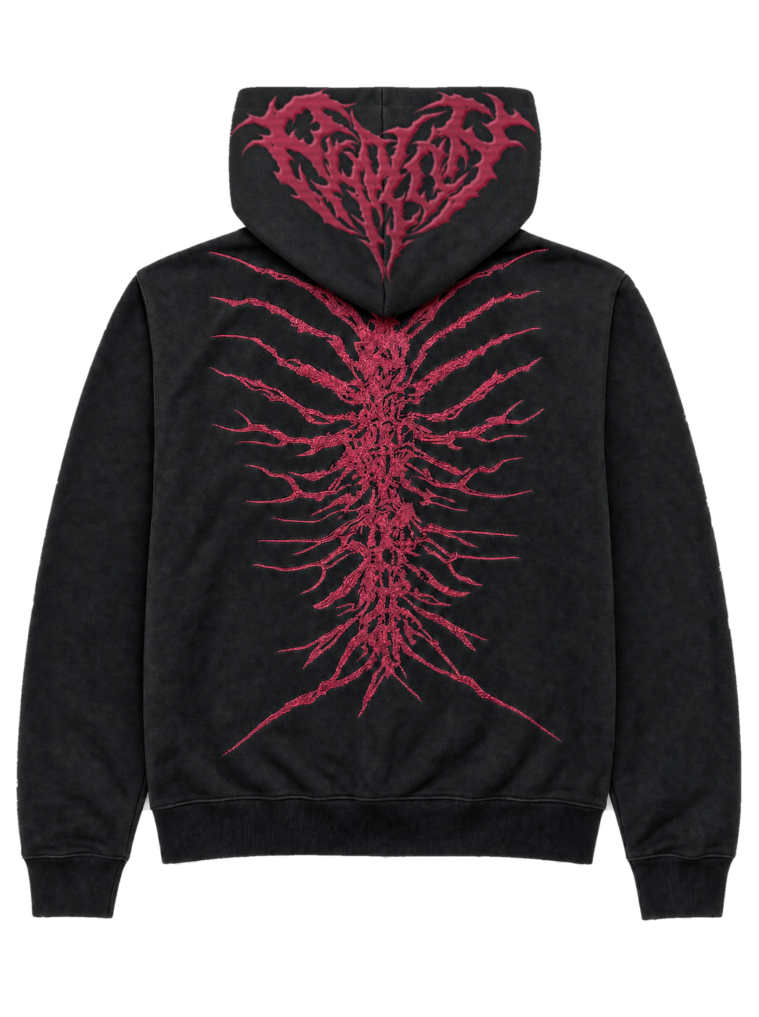 Ghoul Zip-Up B+R back with the Pholoh logo embroidered across the hood in red thread