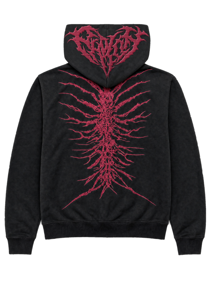 Ghoul Zip-Up B+R back with the Pholoh logo embroidered across the hood in red thread