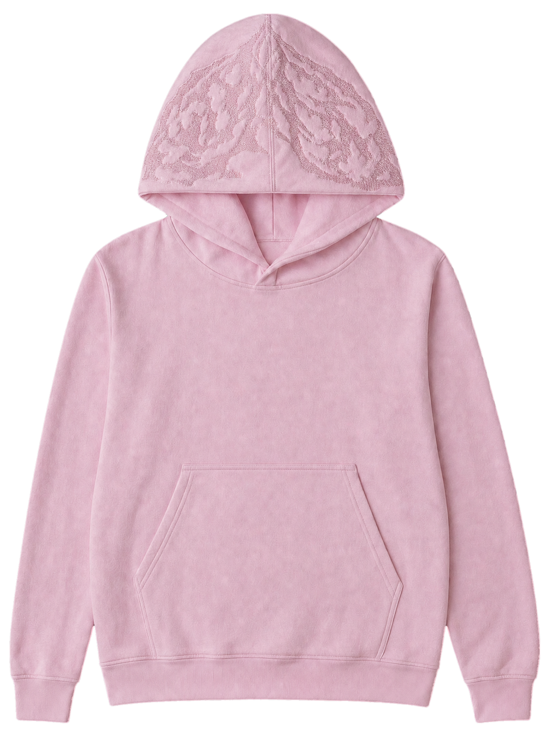 Ghoul Hoodie Light Pink front, embroidered logo on the hood