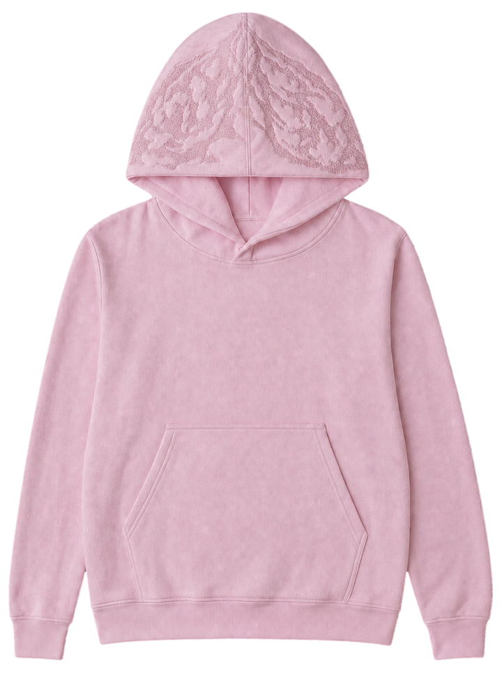 Ghoul Hoodie Light Pink front, embroidered logo on the hood