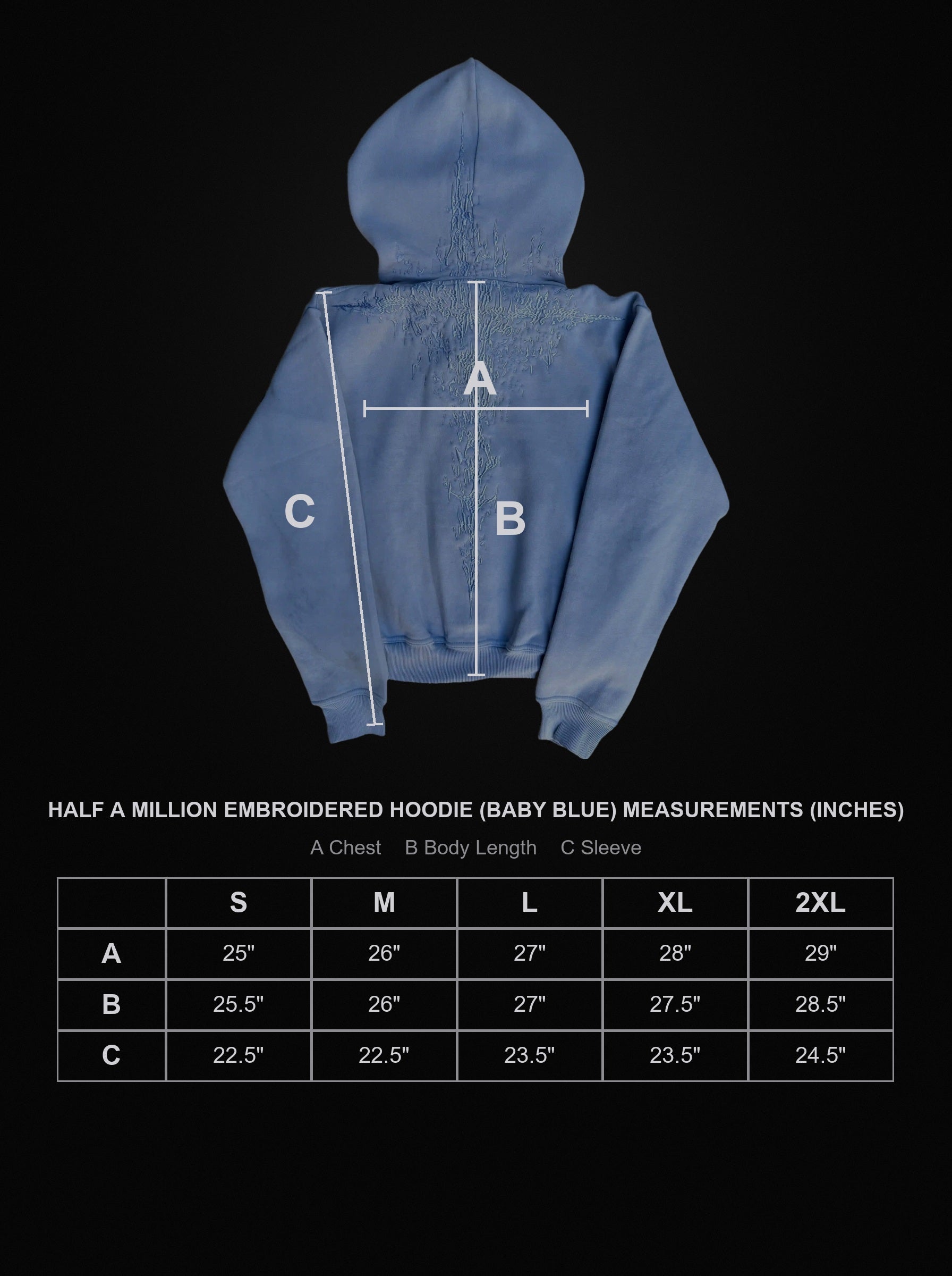 half-a-million-embroidered-hoodie-baby-blue size chart
