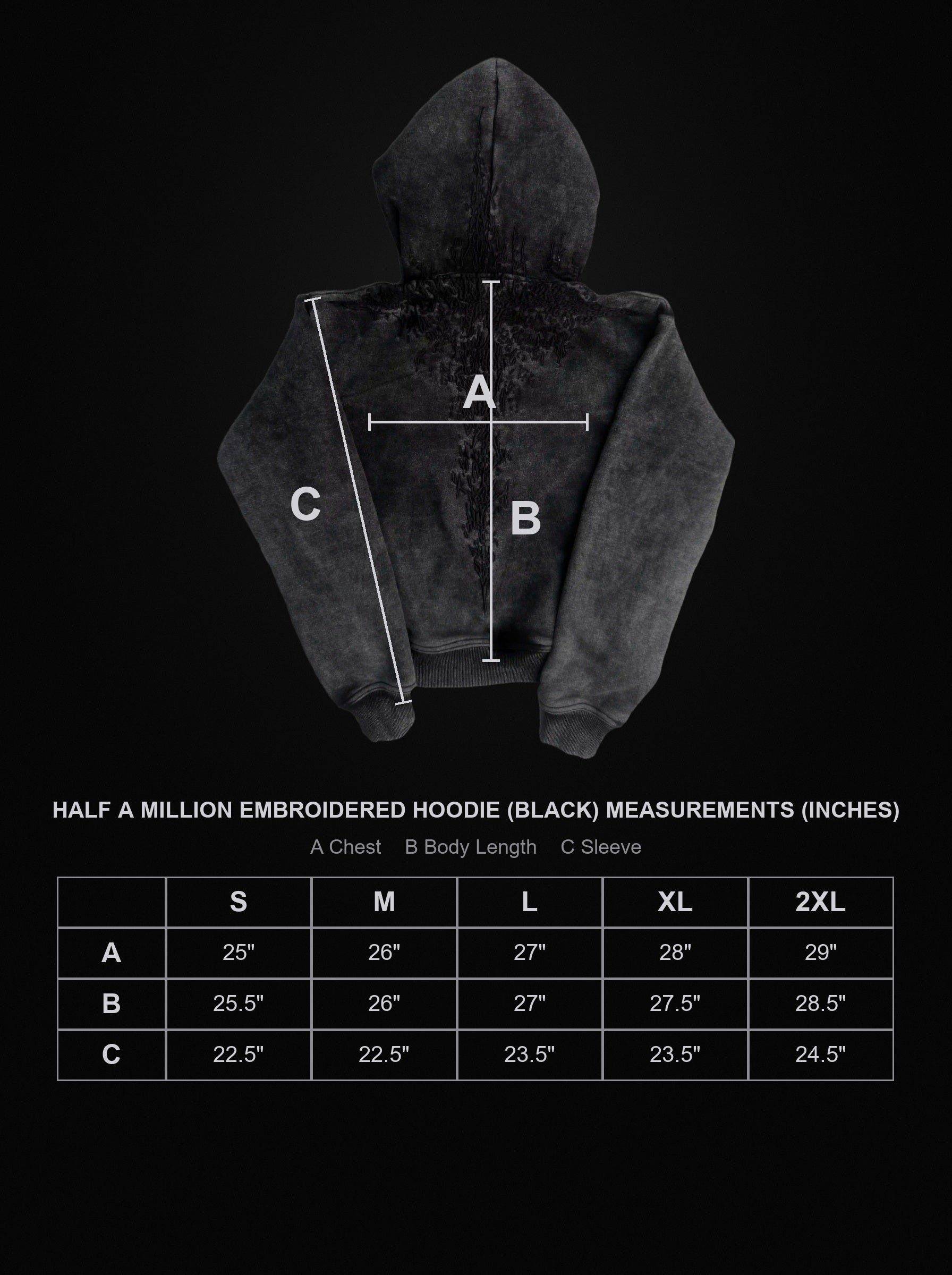 half-a-million-embroidered-hoodie-black size chart