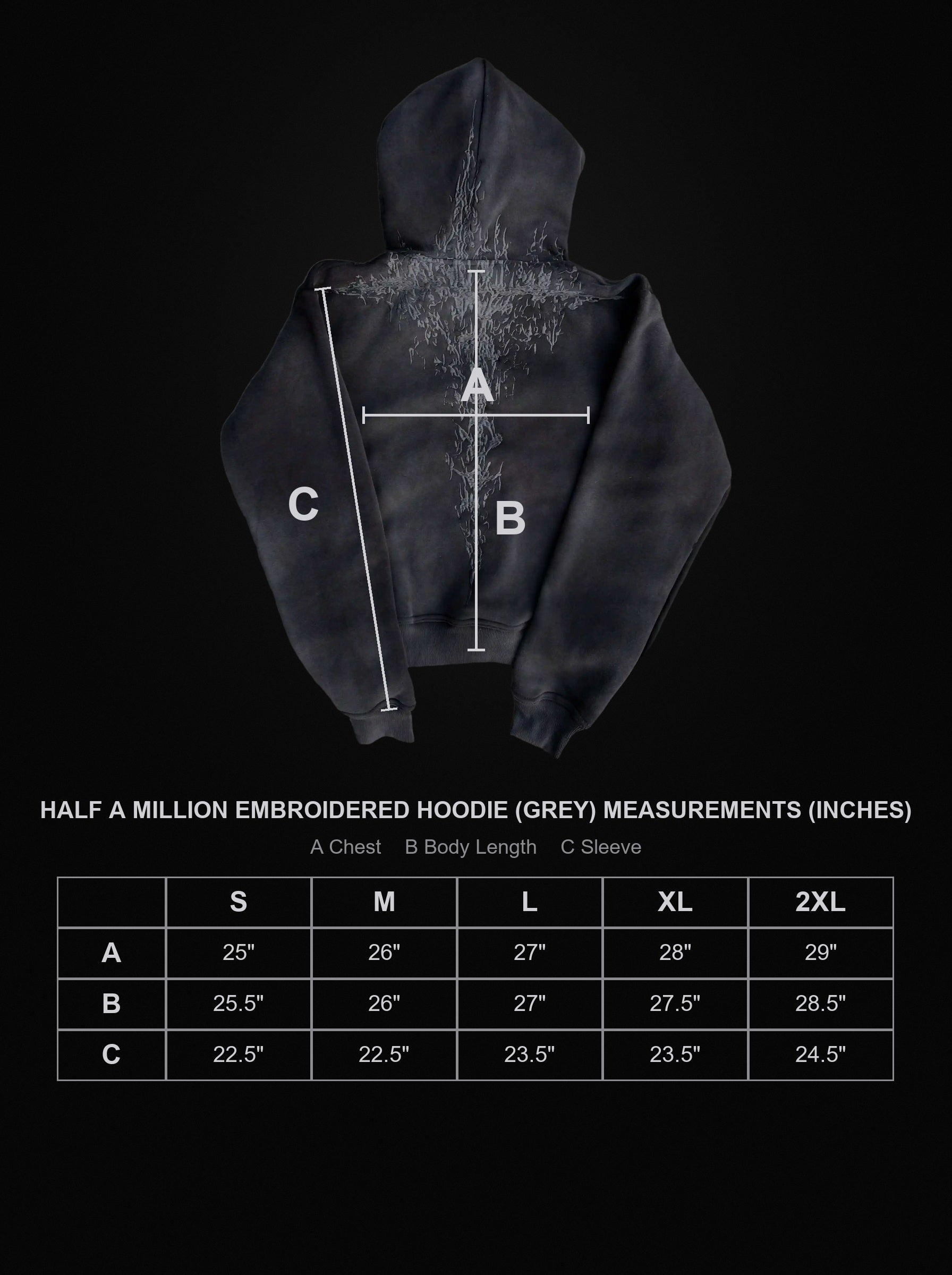 half-a-million-embroidered-hoodie-grey size chart