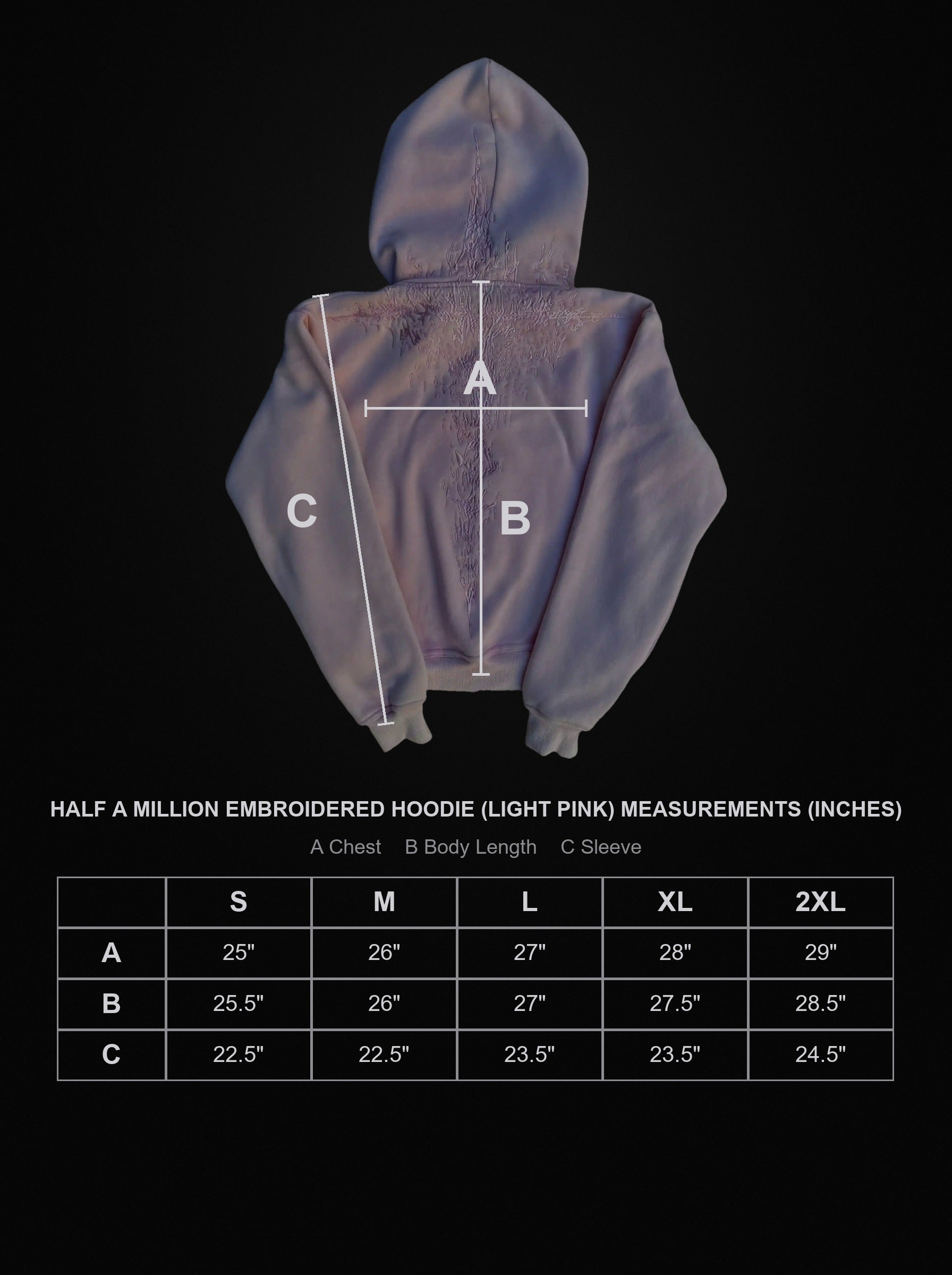 half-a-million-embroidered-hoodie-light-pink size chart