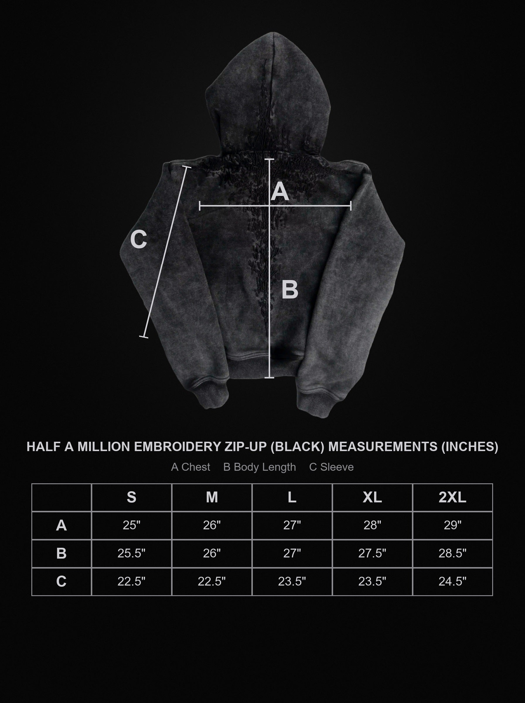 half-a-million-embroidery-zip-up-black size chart