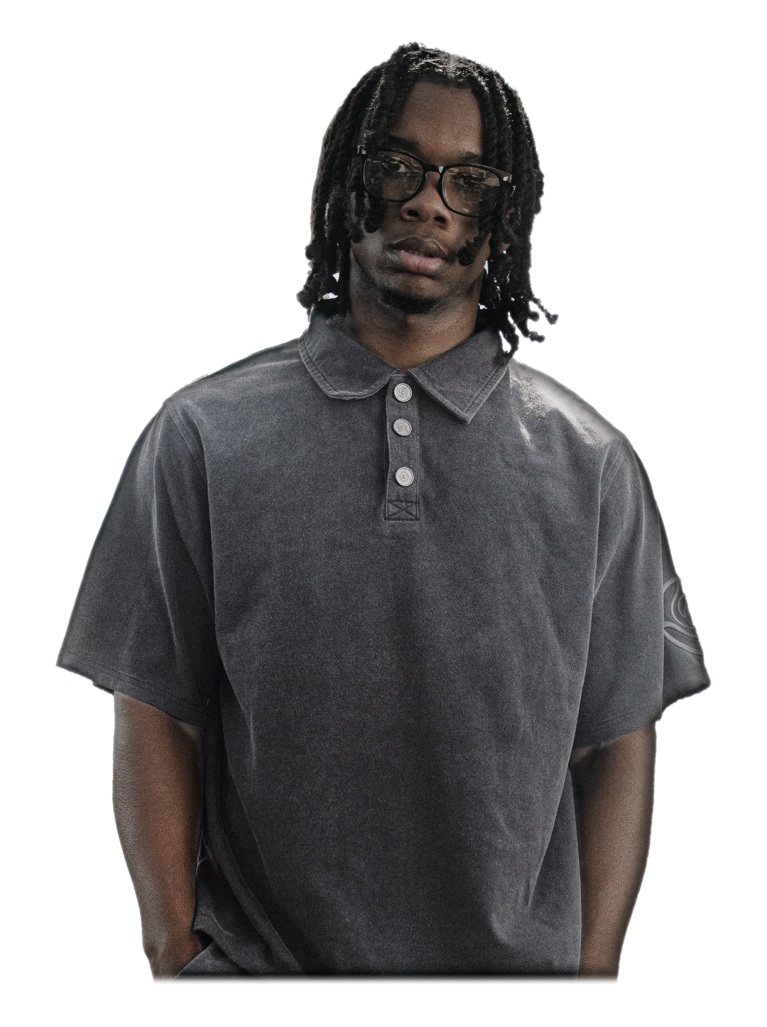 Hanten Polo (Stone), front, on model