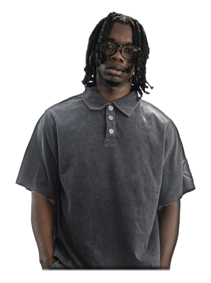Hanten Polo (Stone), front, on model
