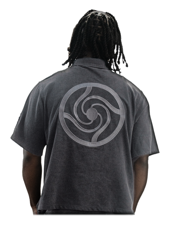 Hanten Polo (Stone), back, on model