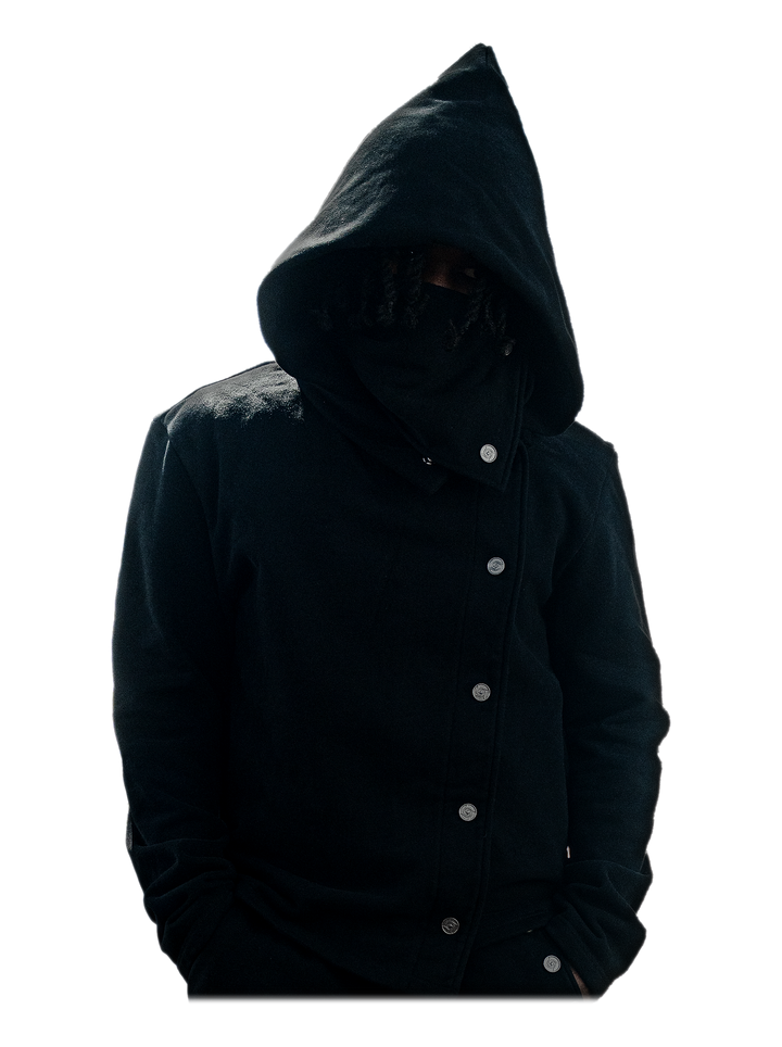 Kokusen Jacket (Onyx), hood up, on model