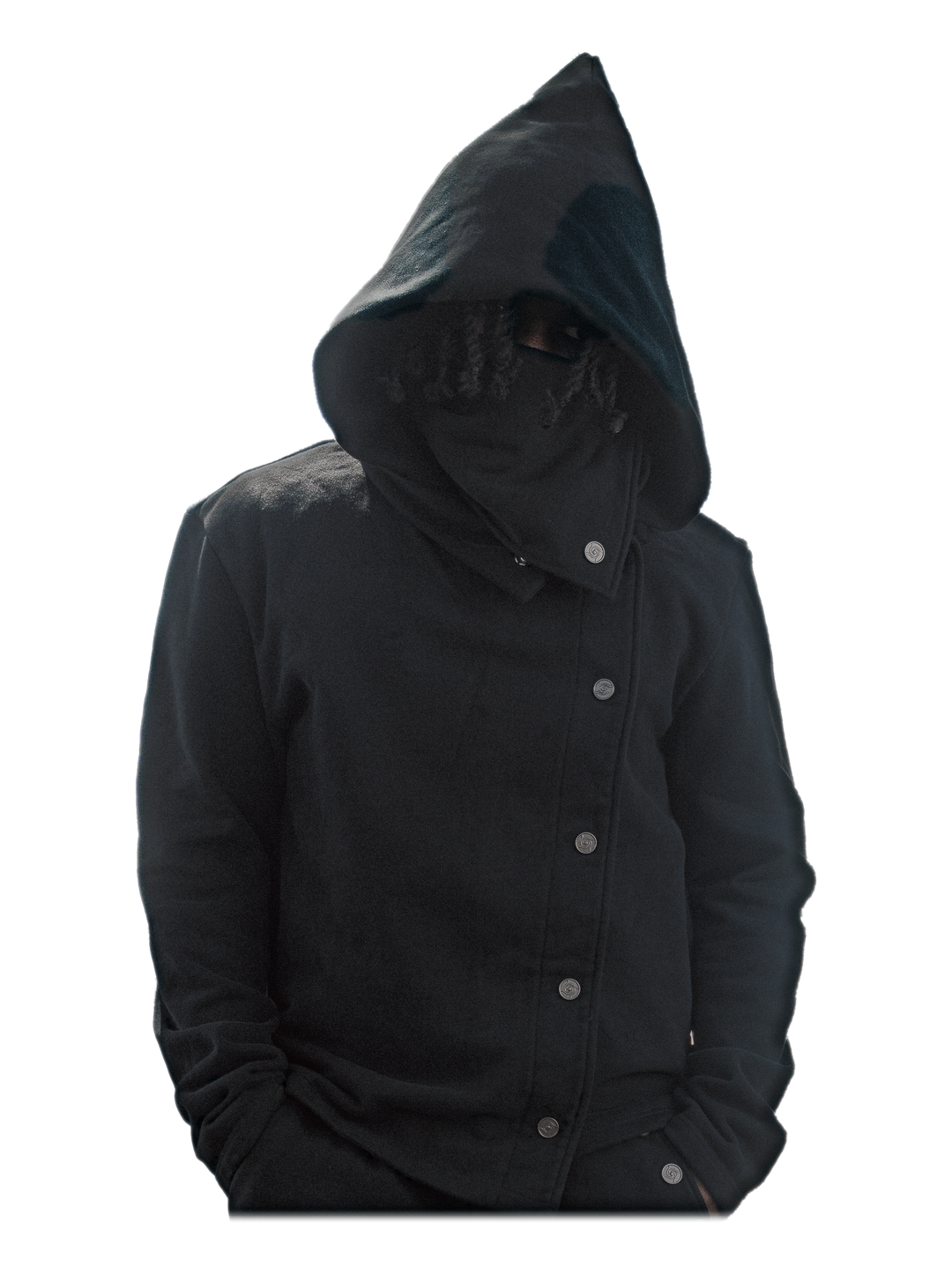 Kokusen Jacket (Onyx), hood up, on model