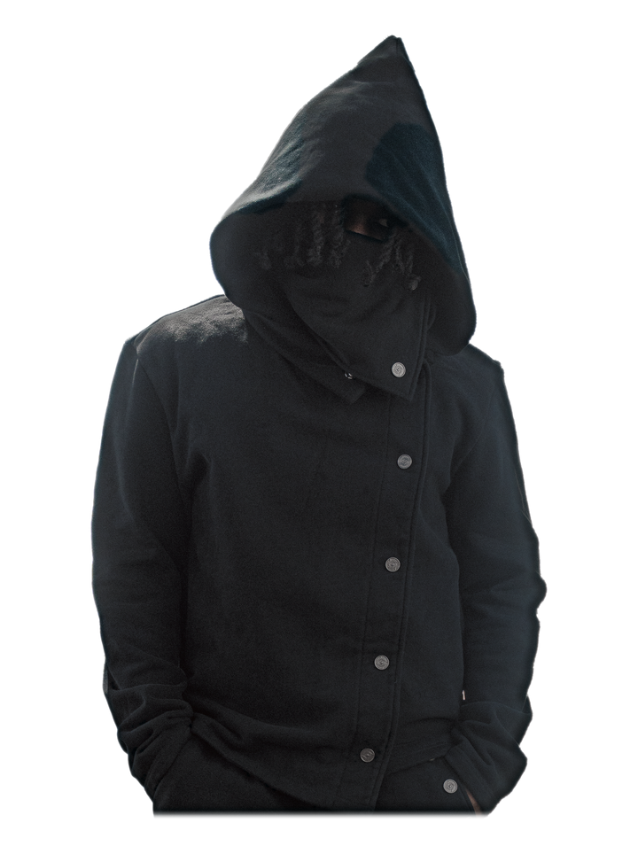 Kokusen Jacket (Onyx), hood up, on model