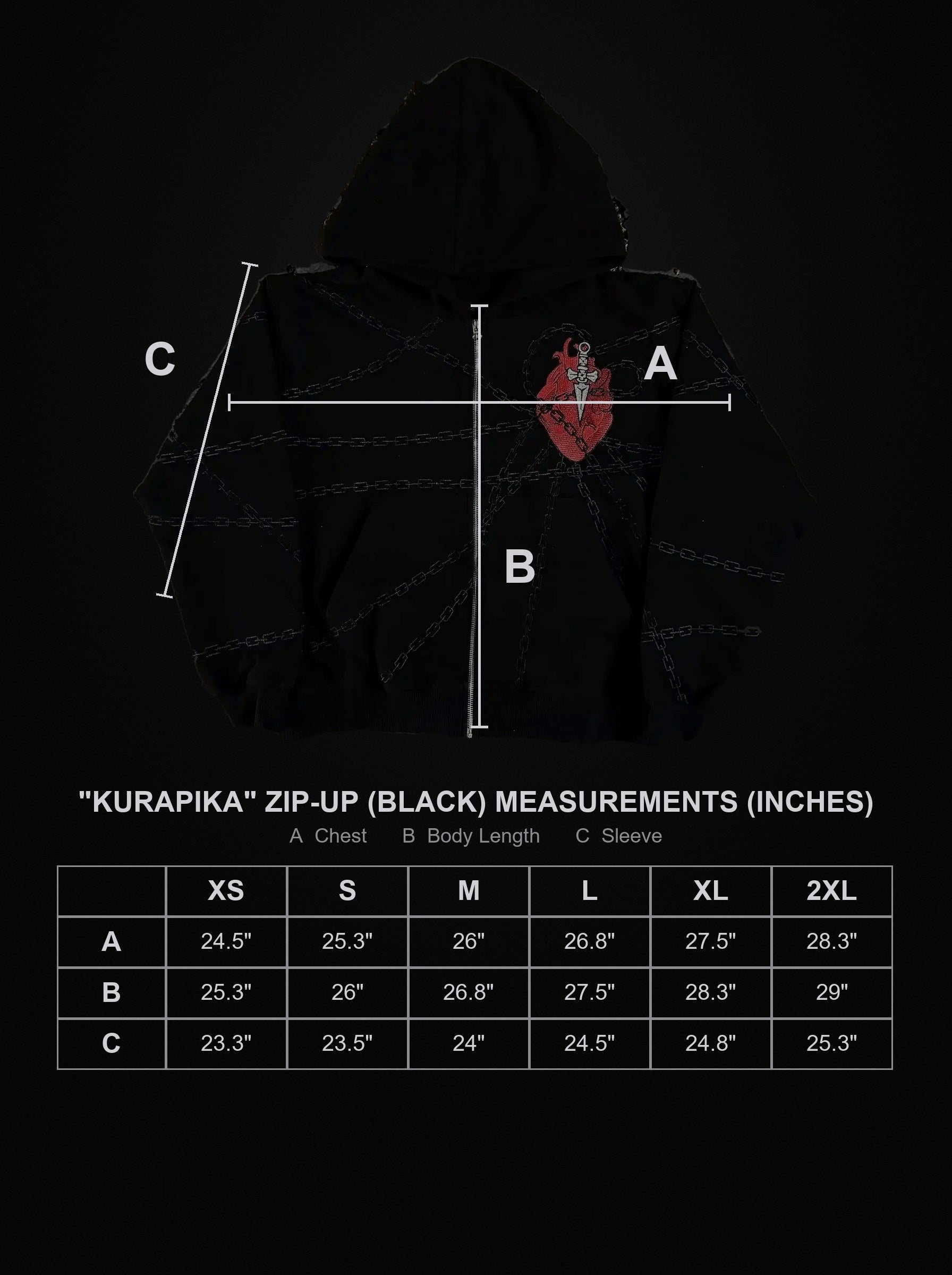 kurapika-zip-up-black size chart