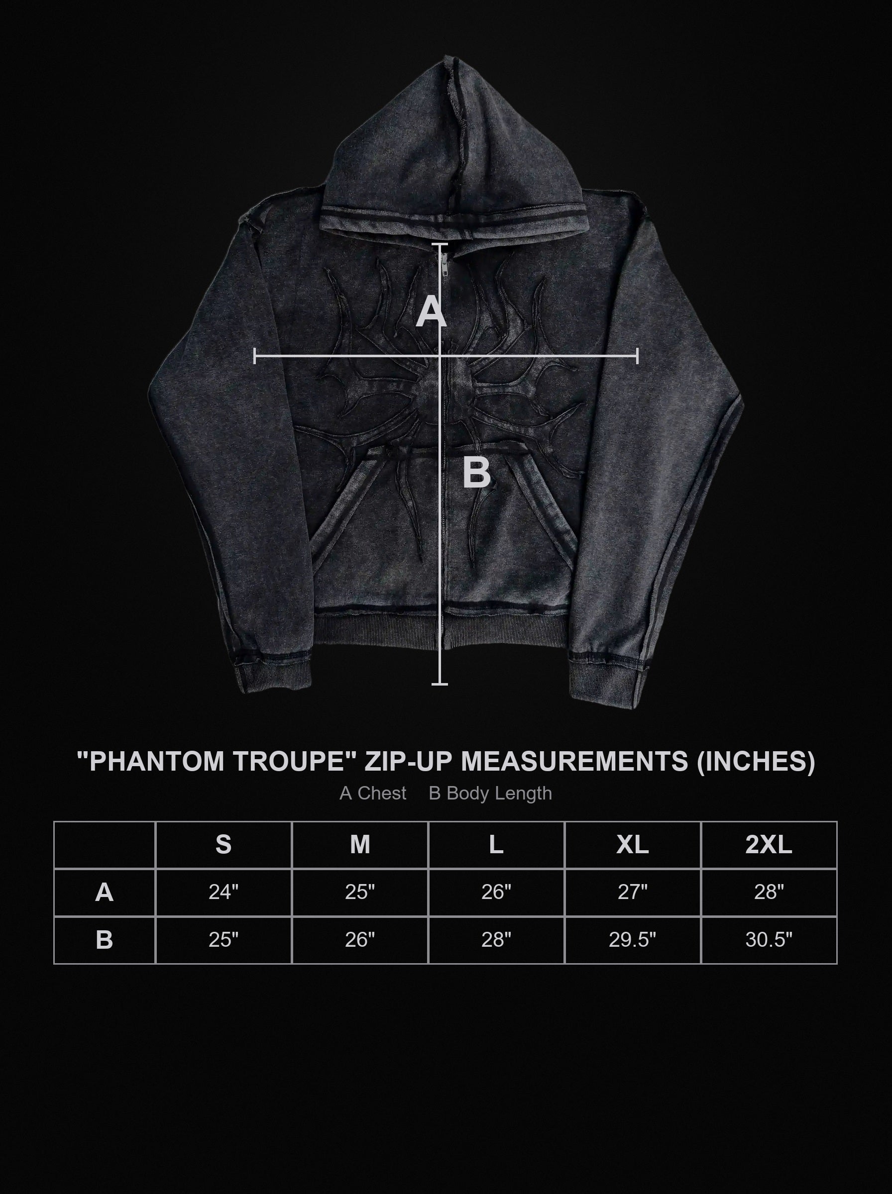 phantom-troupe-zip-up size chart