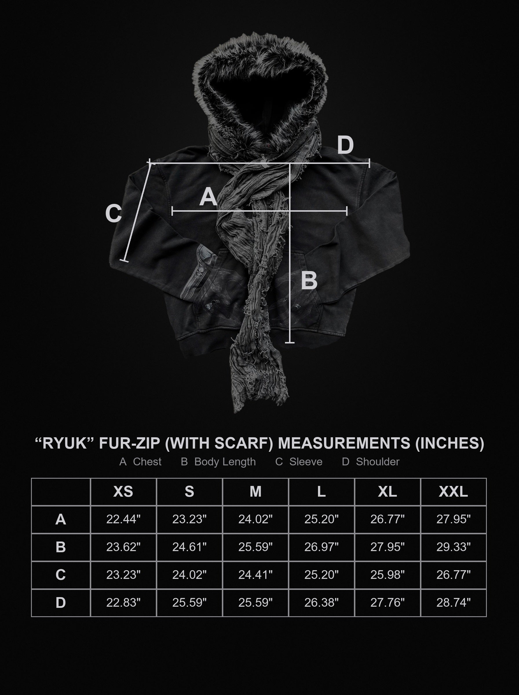 ryuk-fur-zip-with-scarf size chart