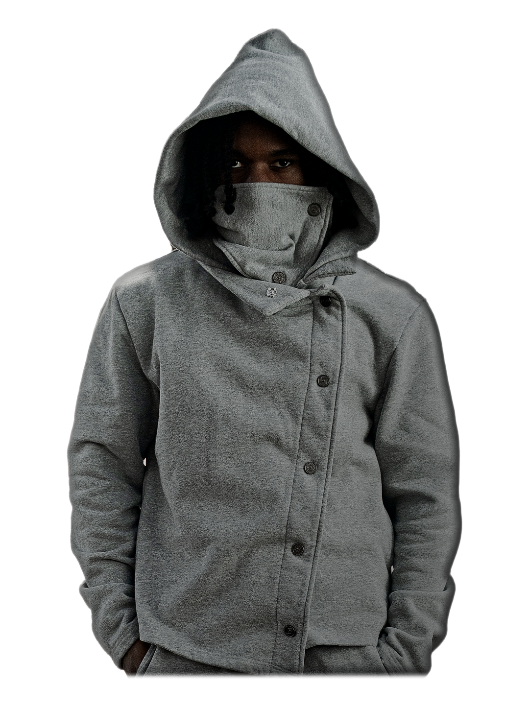 Simple Domain Jacket (Gray), hood up, on model